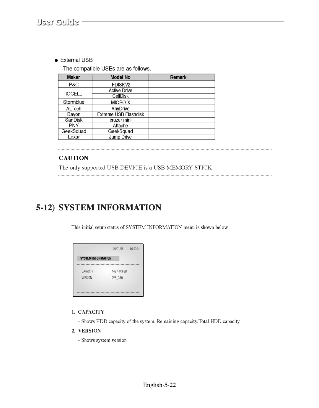 Samsung SMO-210DN System Information, Only supported USB Device is a USB Memory Stick, English-5-22, Capacity, Version 