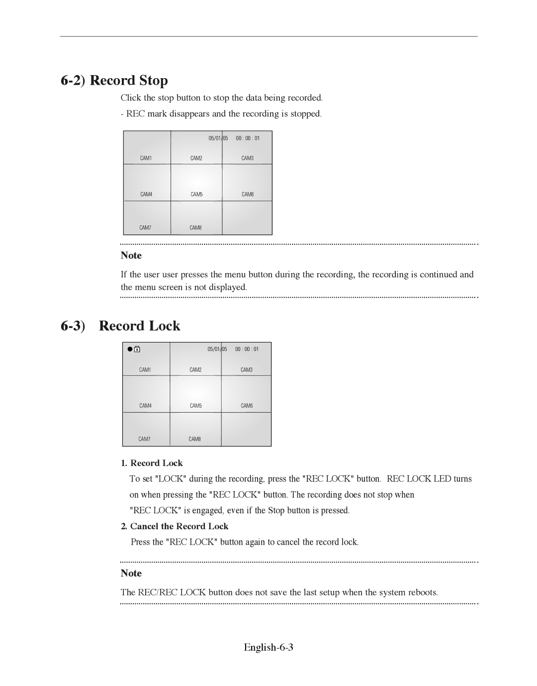 Samsung SMO-210DN manual Record Stop, English-6-3, Cancel the Record Lock 