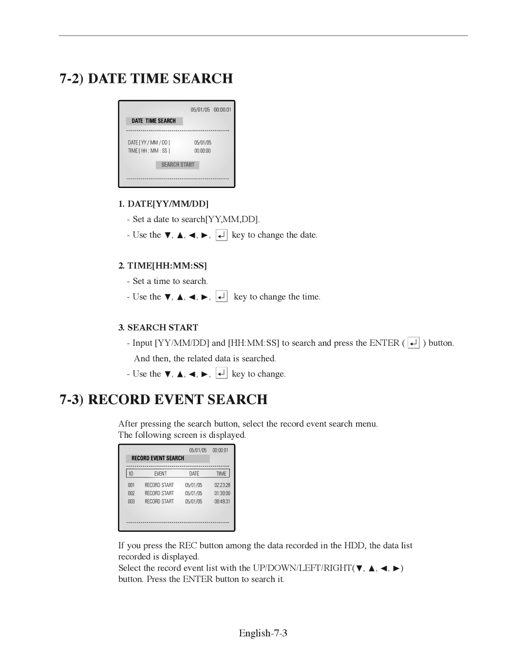 Samsung SMO-210DN manual Date Time Search, Record Event Search, English-7-3 