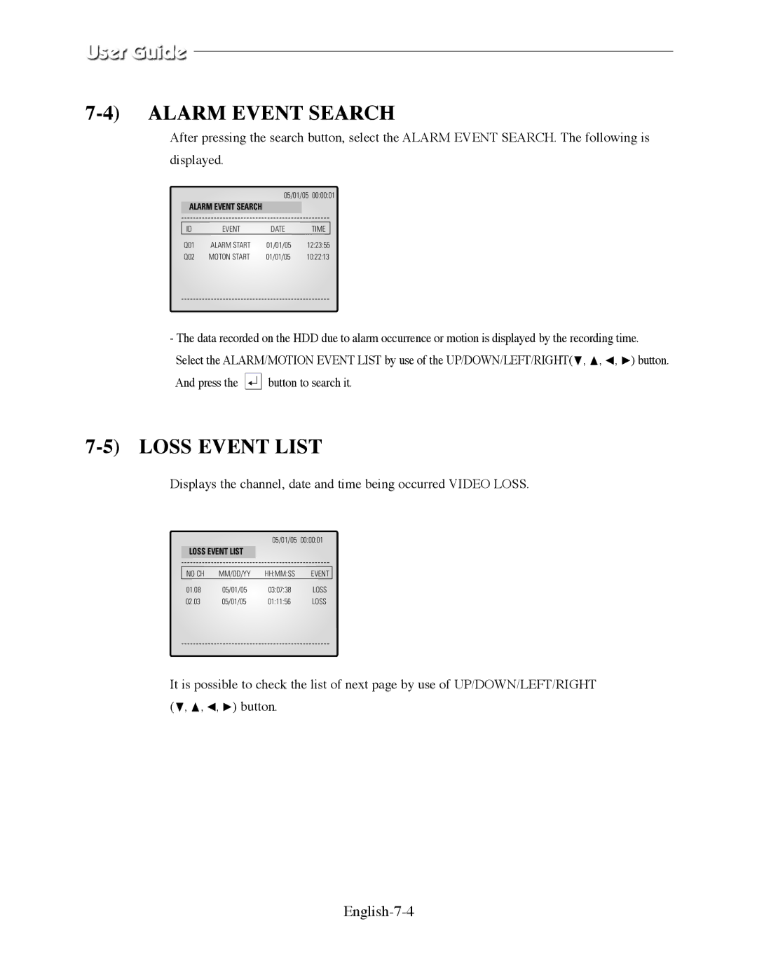 Samsung SMO-210DN manual Alarm Event Search, Loss Event List, English-7-4 