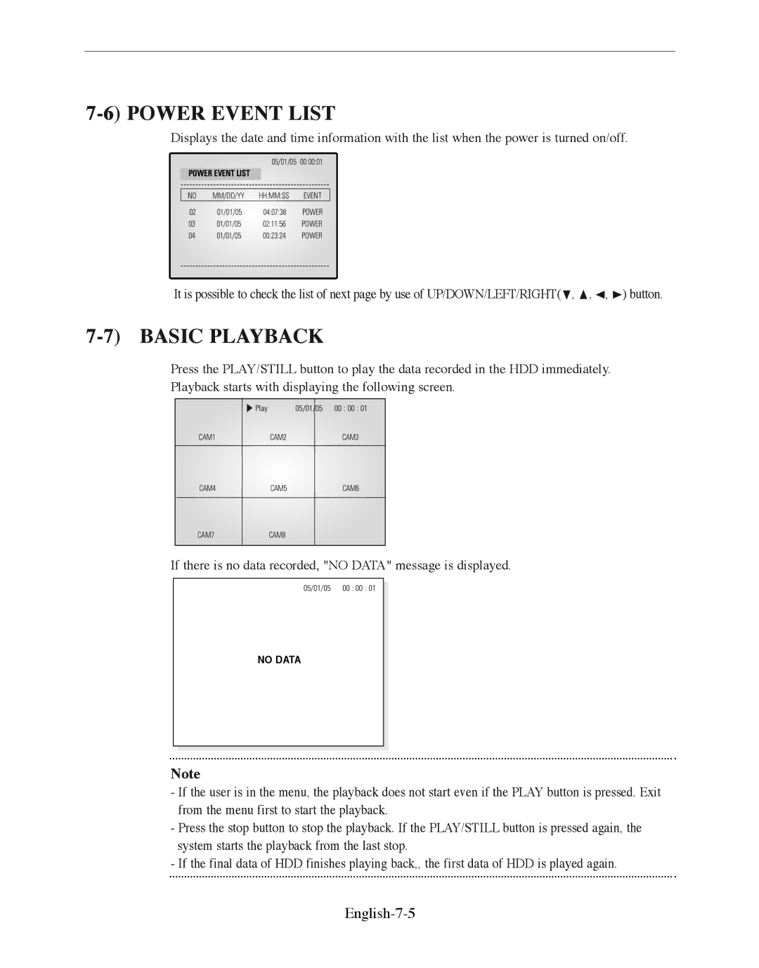 Samsung SMO-210DN manual Power Event List, Basic Playback, English-7-5 