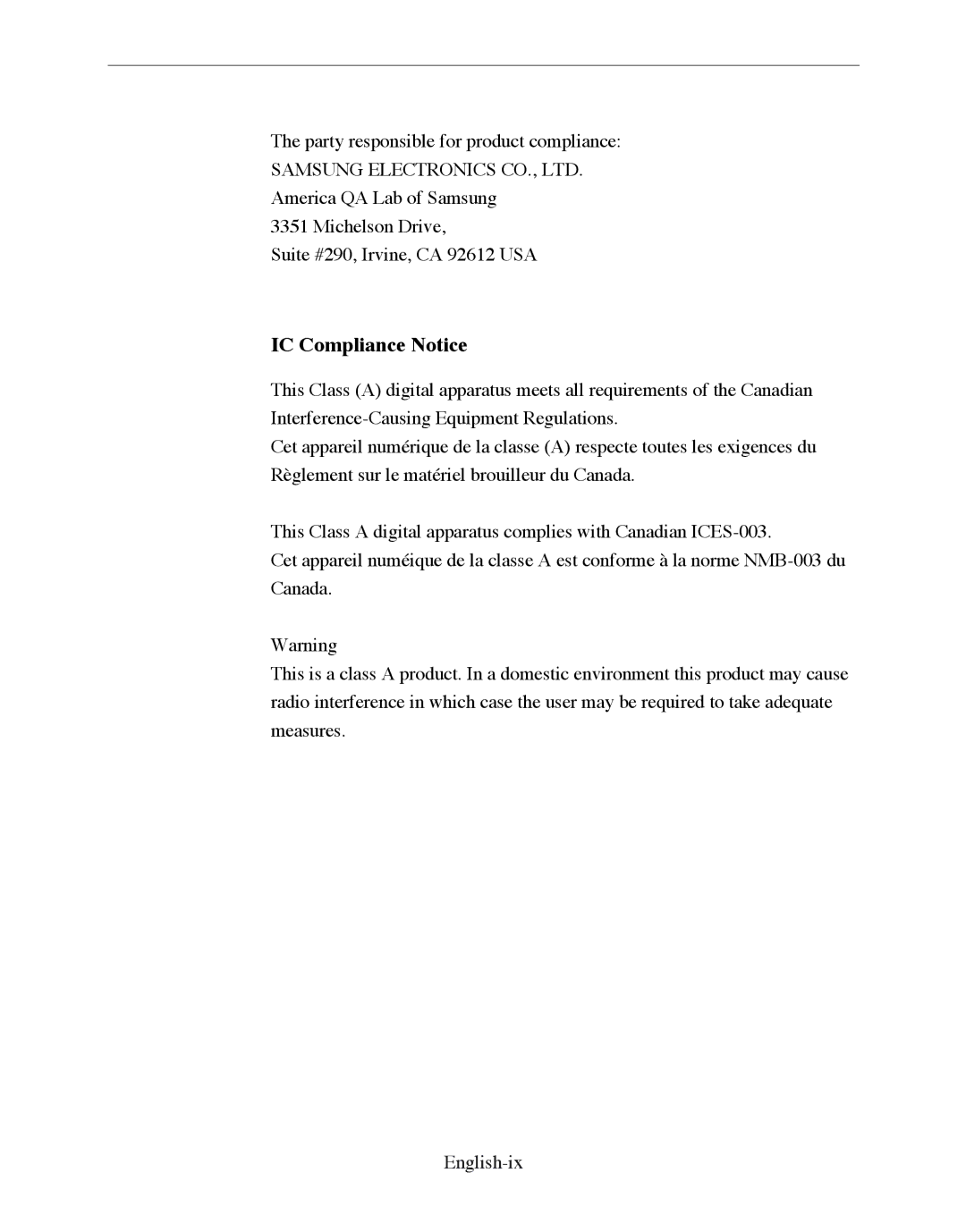 Samsung SMO-210DN manual IC Compliance Notice 