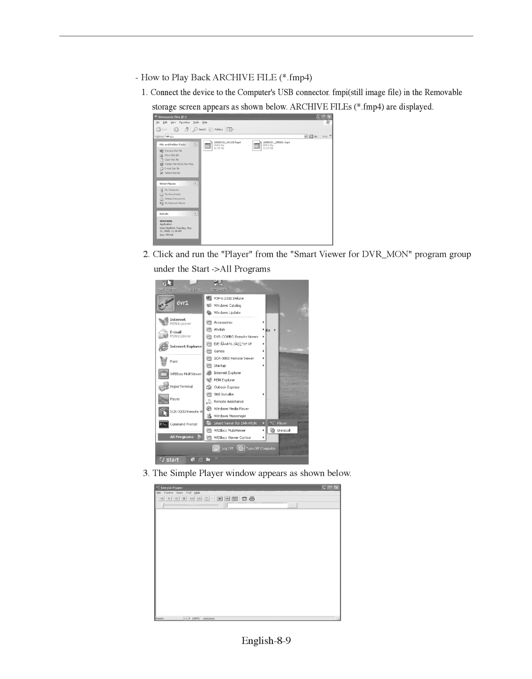 Samsung SMO-210DN manual English-8-9, How to Play Back Archive File *.fmp4 