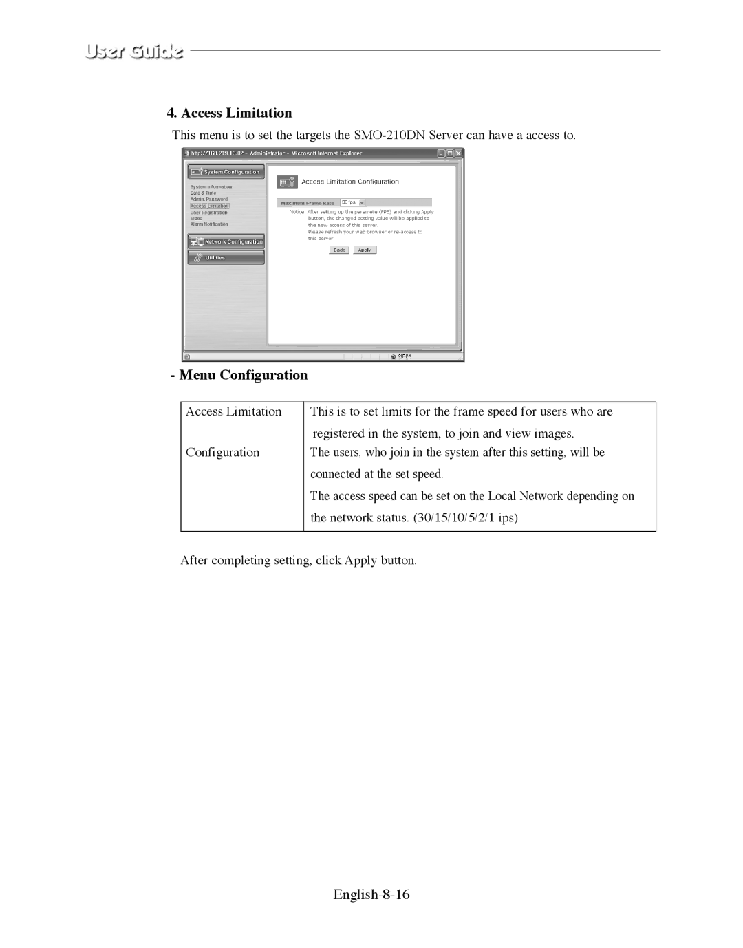 Samsung SMO-210DN manual Access Limitation, English-8-16 