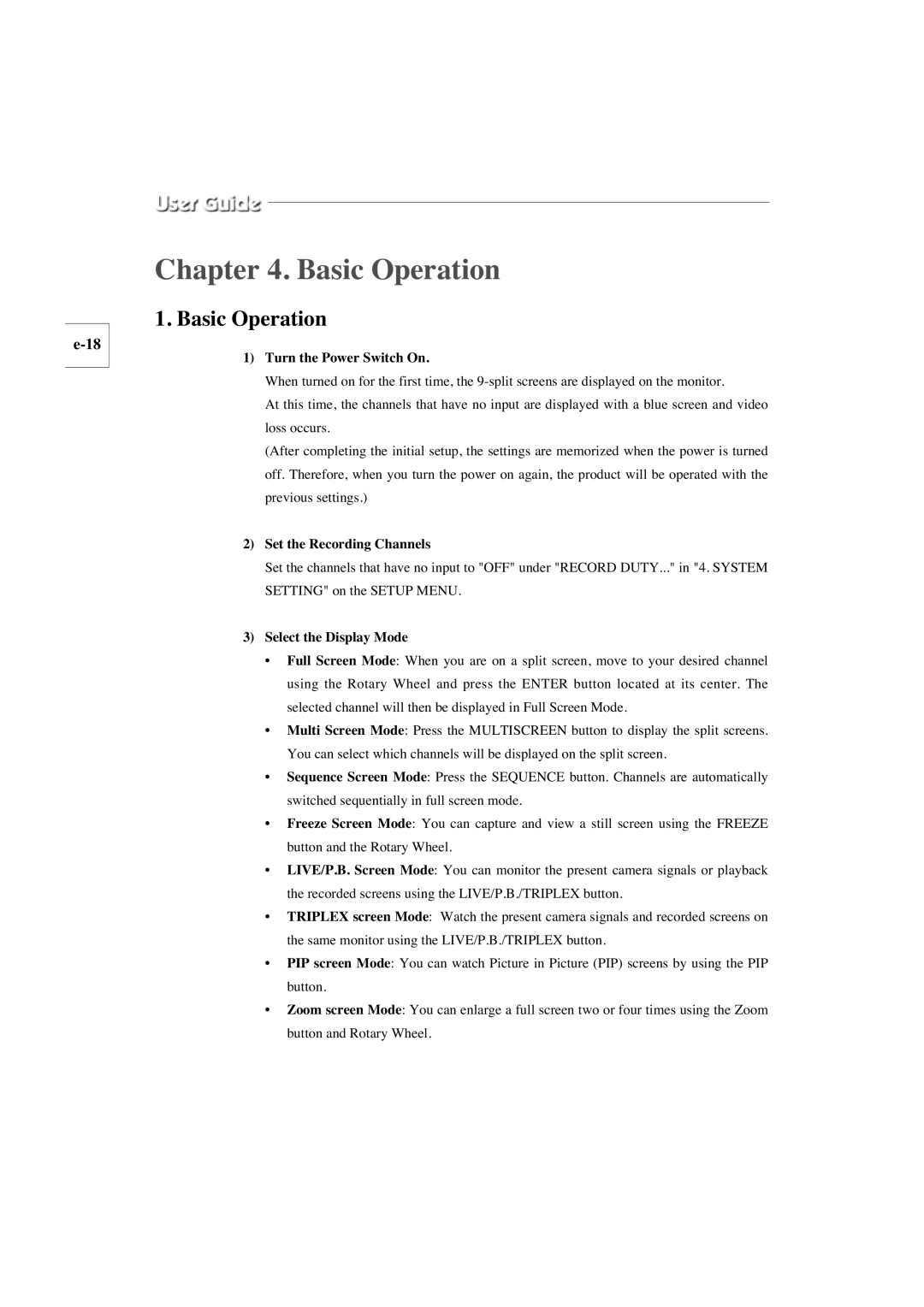 Samsung SMO-210TP manual Basic Operation, Turn the Power Switch On, Set the Recording Channels, Select the Display Mode 