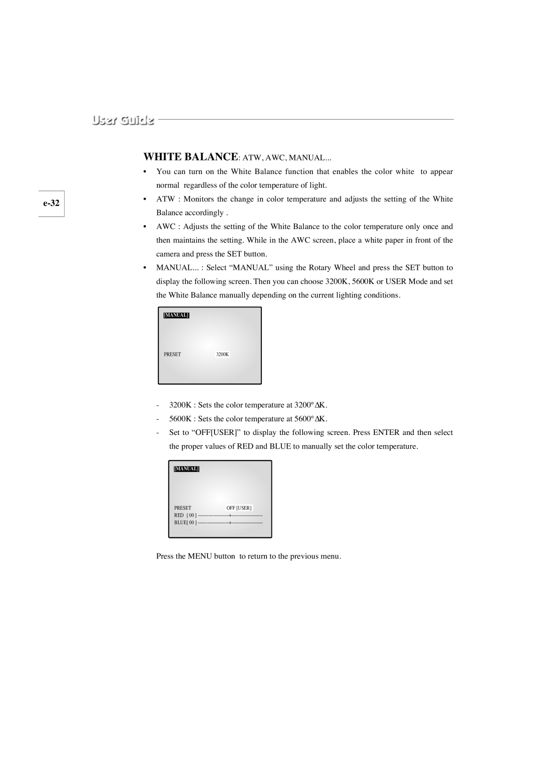 Samsung SMO-210TP, SMO-150TP manual White Balance ATW, AWC, Manual 