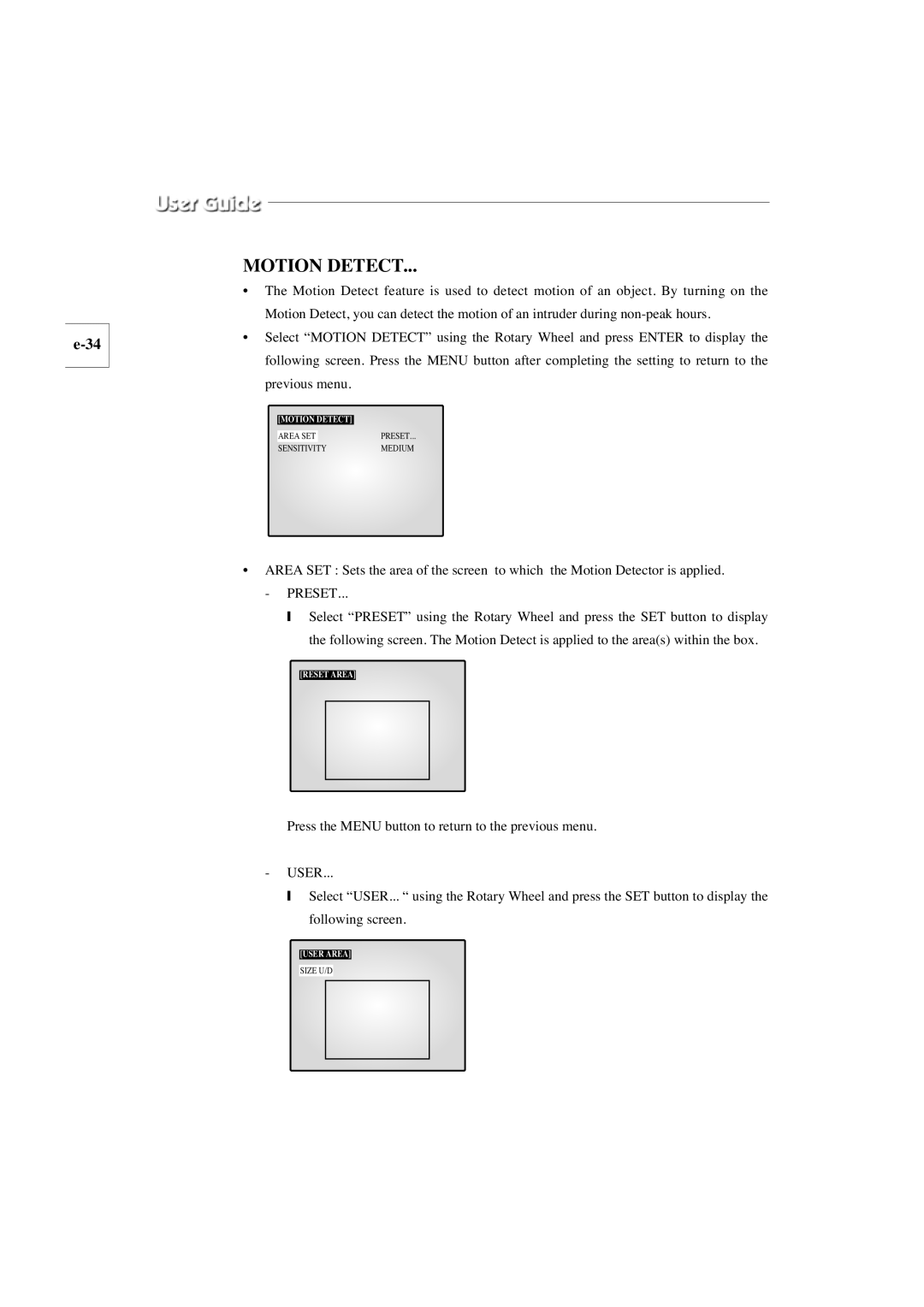 Samsung SMO-210TP, SMO-150TP manual Motion Detect, Preset 