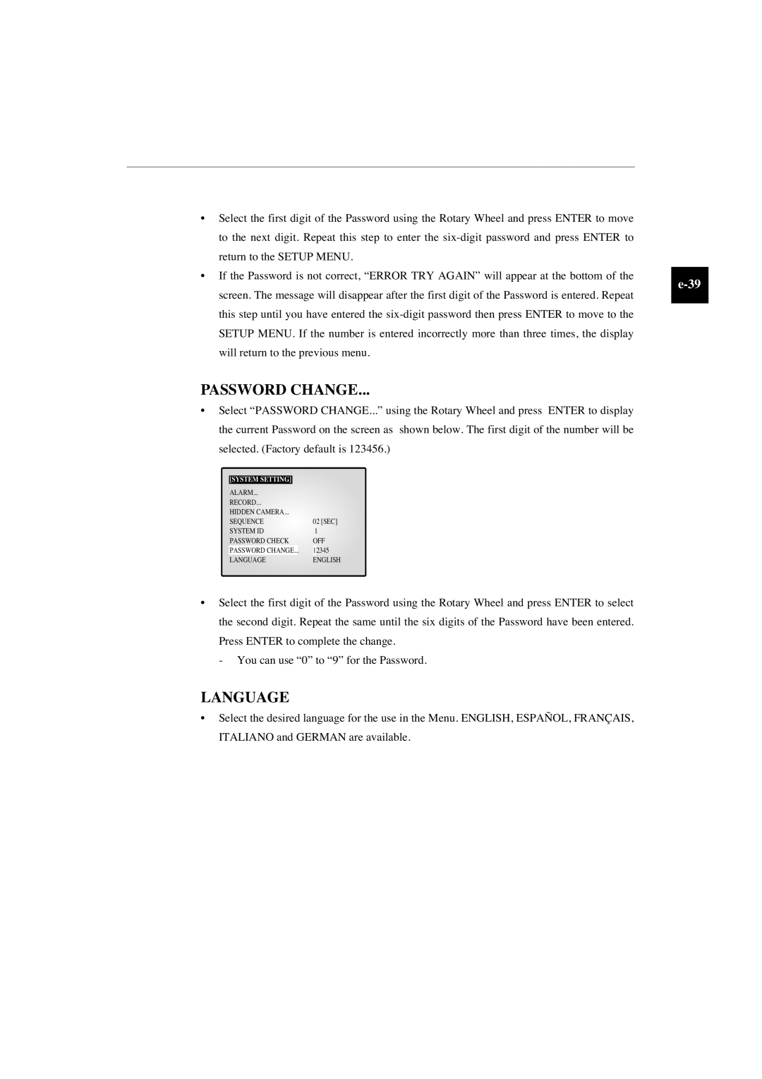 Samsung SMO-150TP, SMO-210TP manual Password Change, Language 