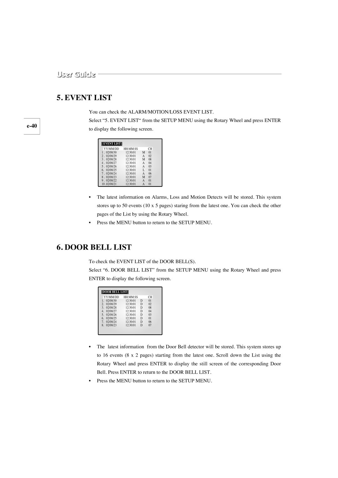 Samsung SMO-210TP, SMO-150TP manual Event List 