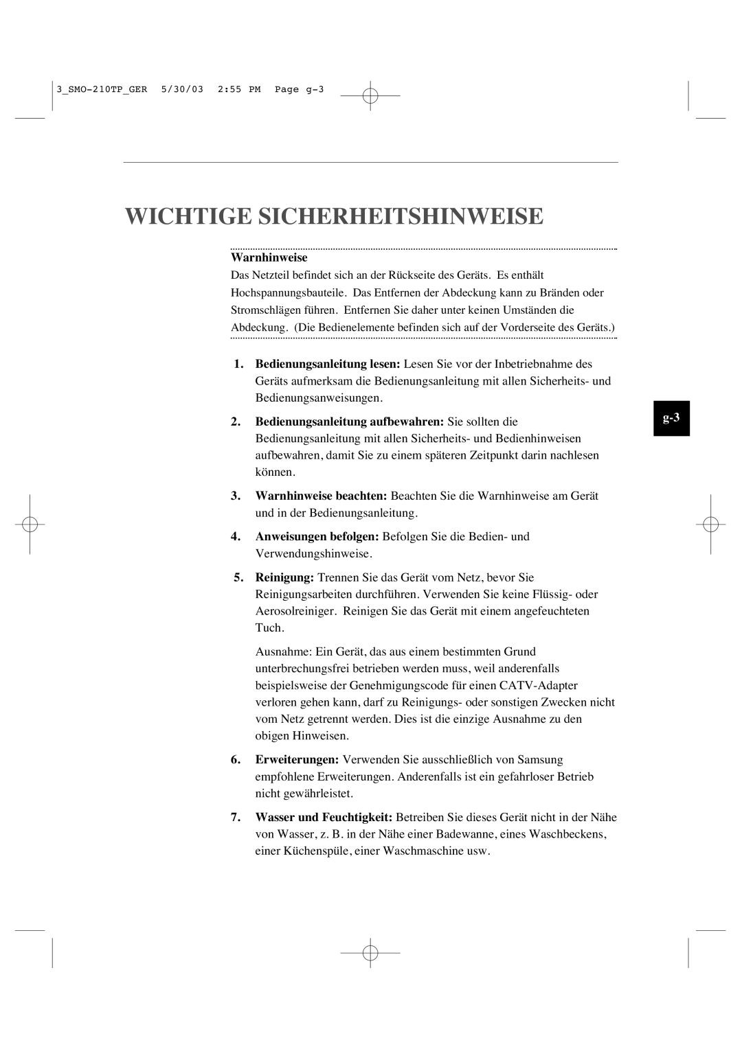 Samsung SMO-210TP manual Wichtige Sicherheitshinweise 