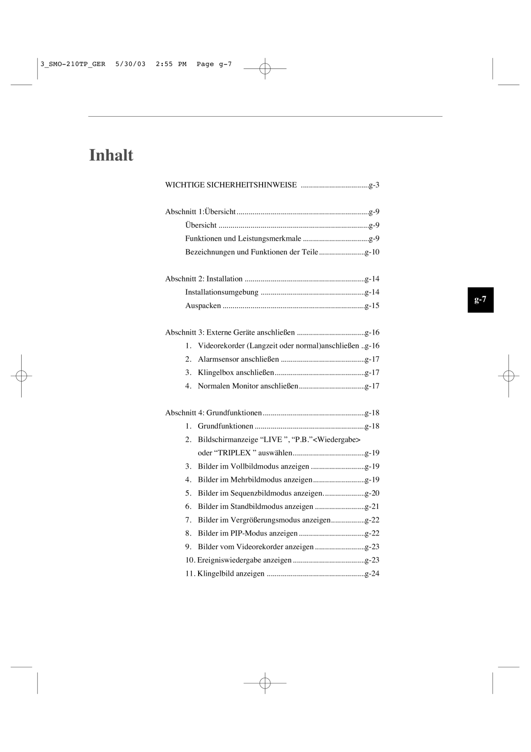 Samsung SMO-210TP manual Inhalt 