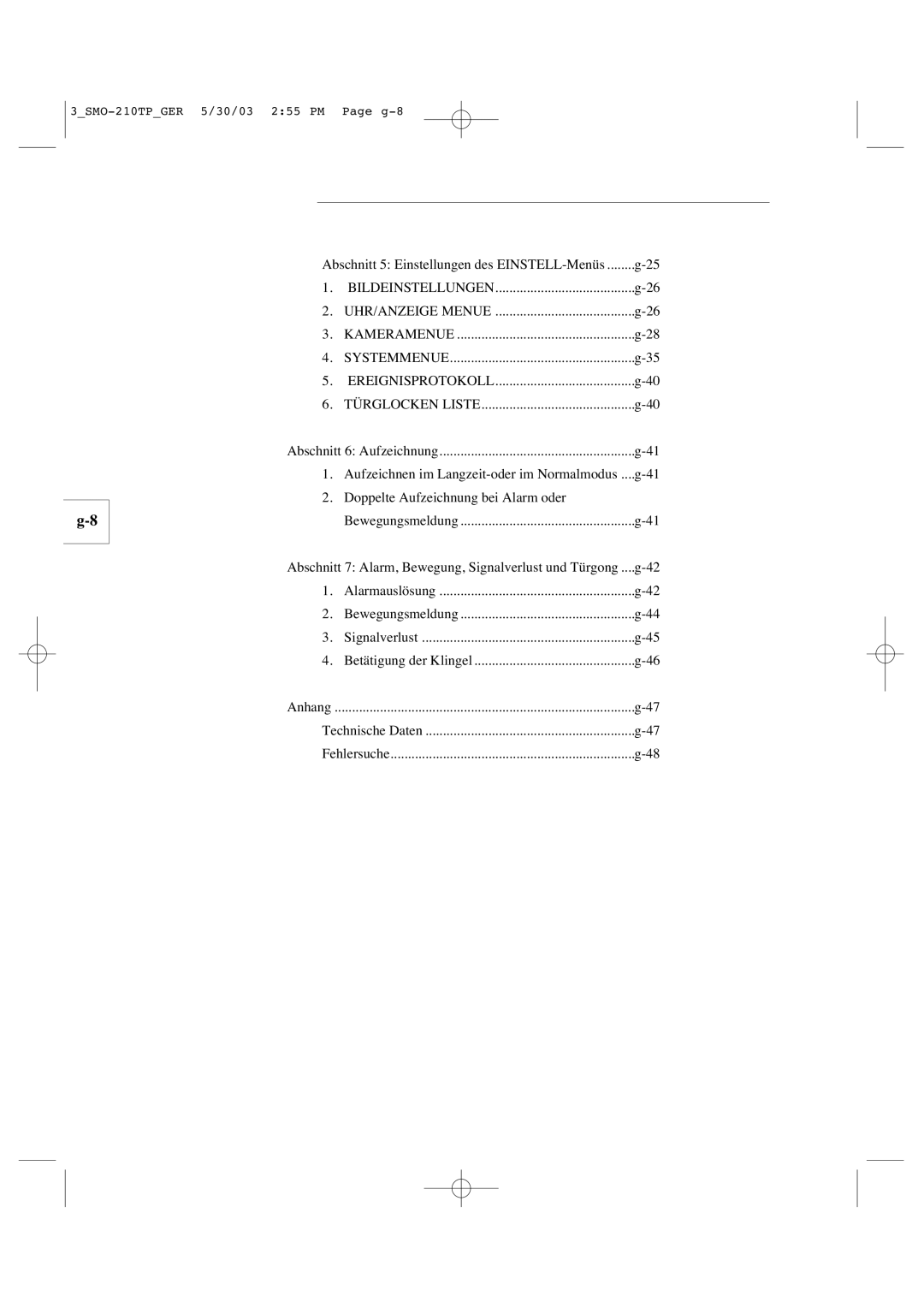 Samsung SMO-210TP manual Abschnitt 5 Einstellungen des EINSTELL-Menüs 