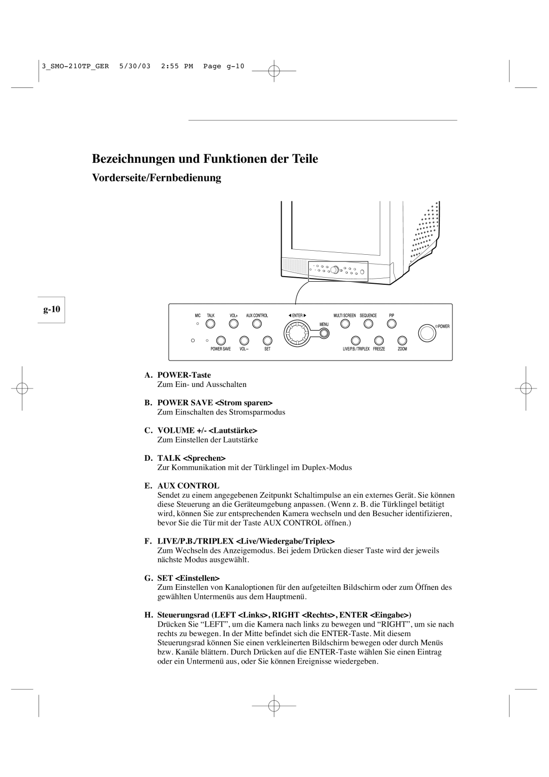 Samsung SMO-210TP manual Bezeichnungen und Funktionen der Teile, POWER-Taste, LIVE/P.B./TRIPLEX Live/Wiedergabe/Triplex 