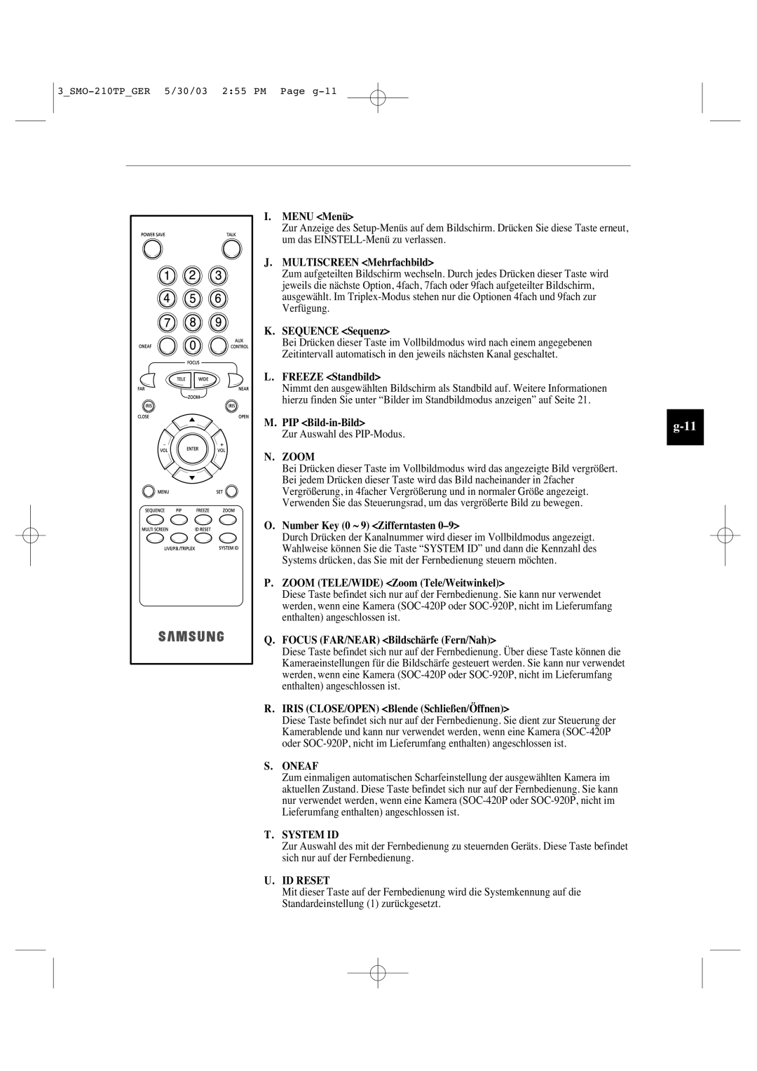 Samsung SMO-210TP manual Menu Menü, Multiscreen Mehrfachbild, Sequence Sequenz, Freeze Standbild, PIP Bild-in-Bild 