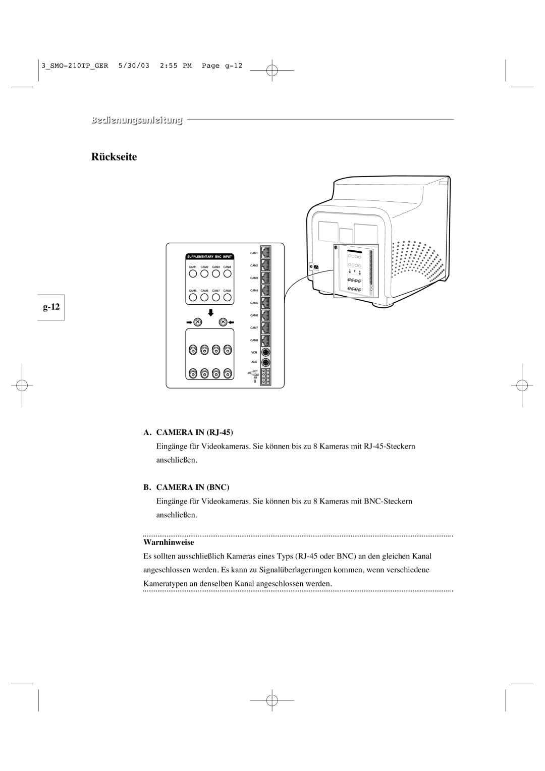 Samsung SMO-210TP manual Camera in RJ-45, Warnhinweise 