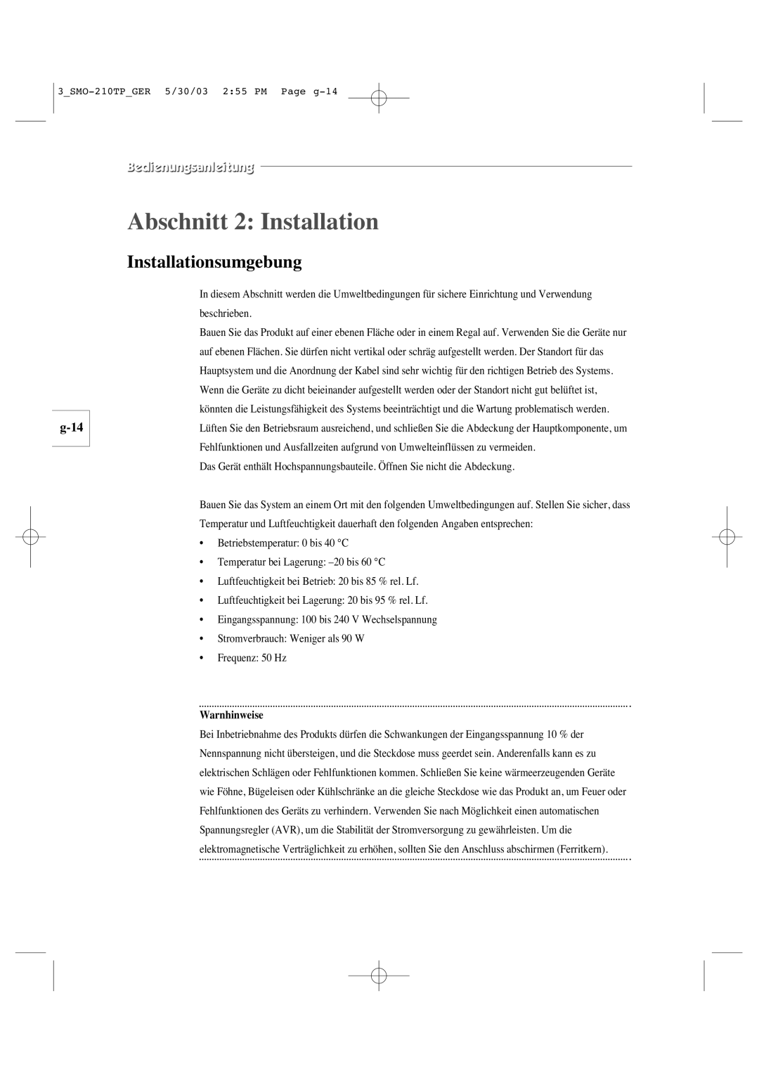 Samsung SMO-210TP manual Abschnitt 2 Installation, Installationsumgebung 