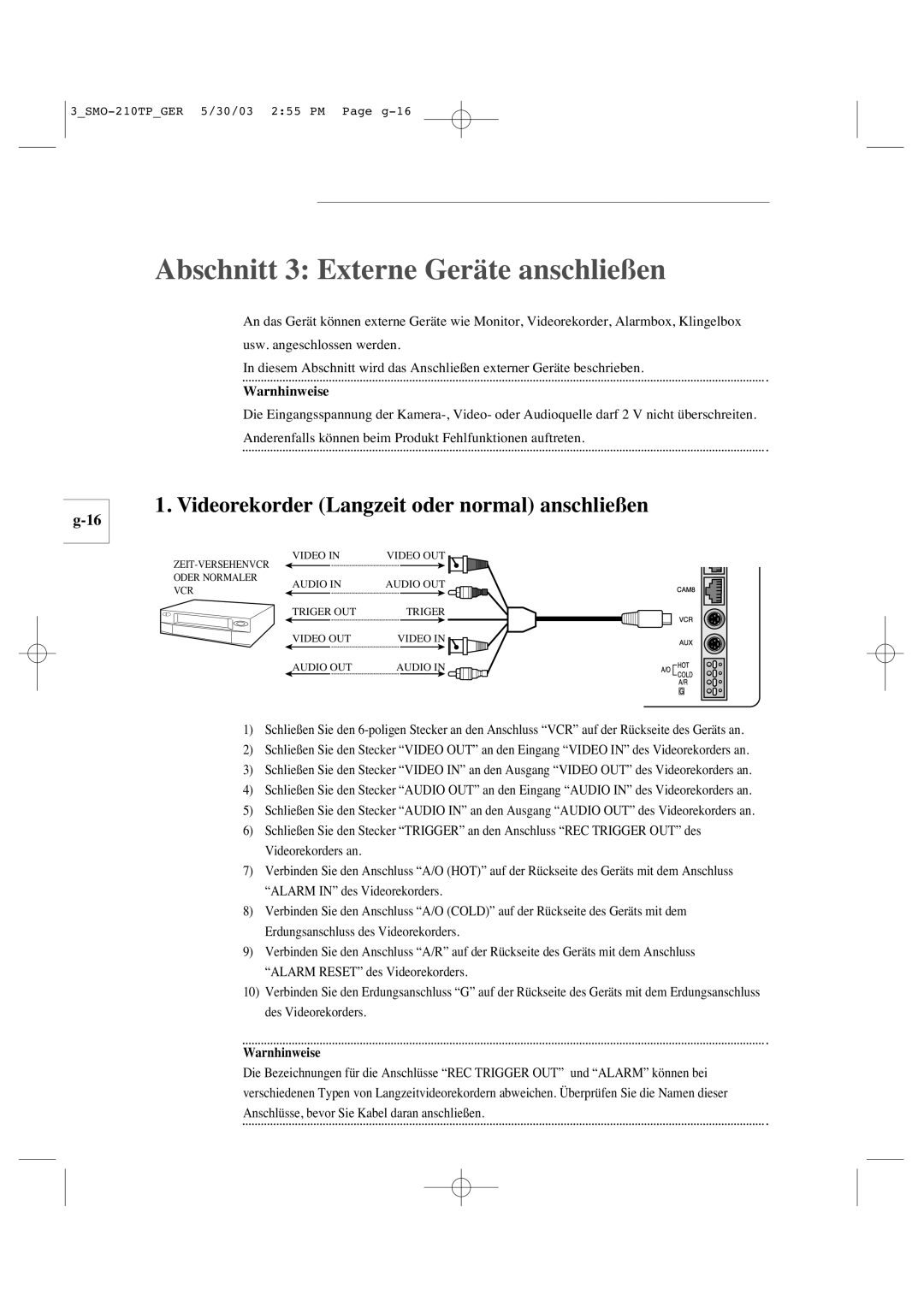 Samsung SMO-210TP manual Abschnitt 3 Externe Geräte anschließen, Videorekorder Langzeit oder normal anschließen 