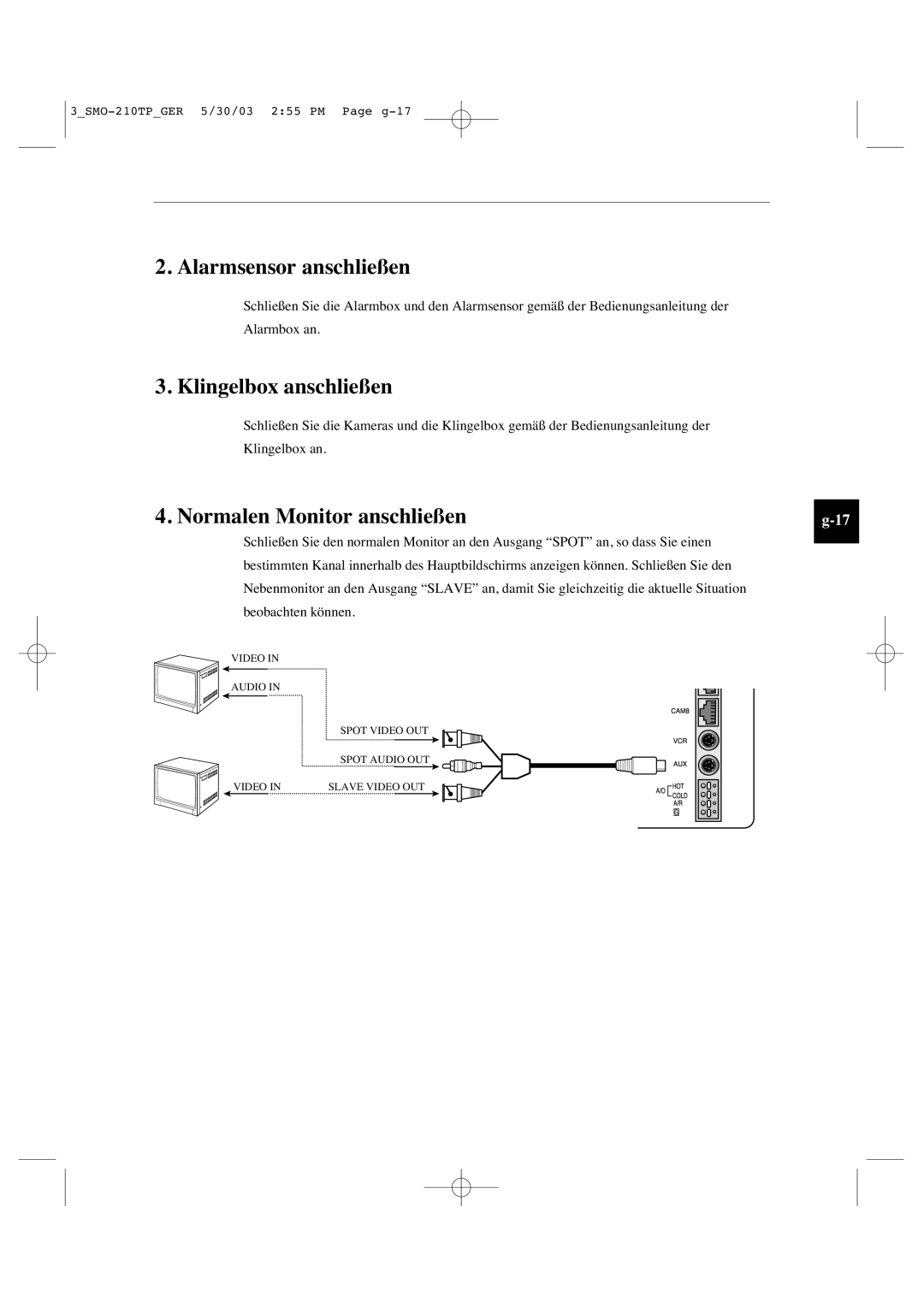 Samsung SMO-210TP manual Alarmsensor anschließen, Klingelbox anschließen 