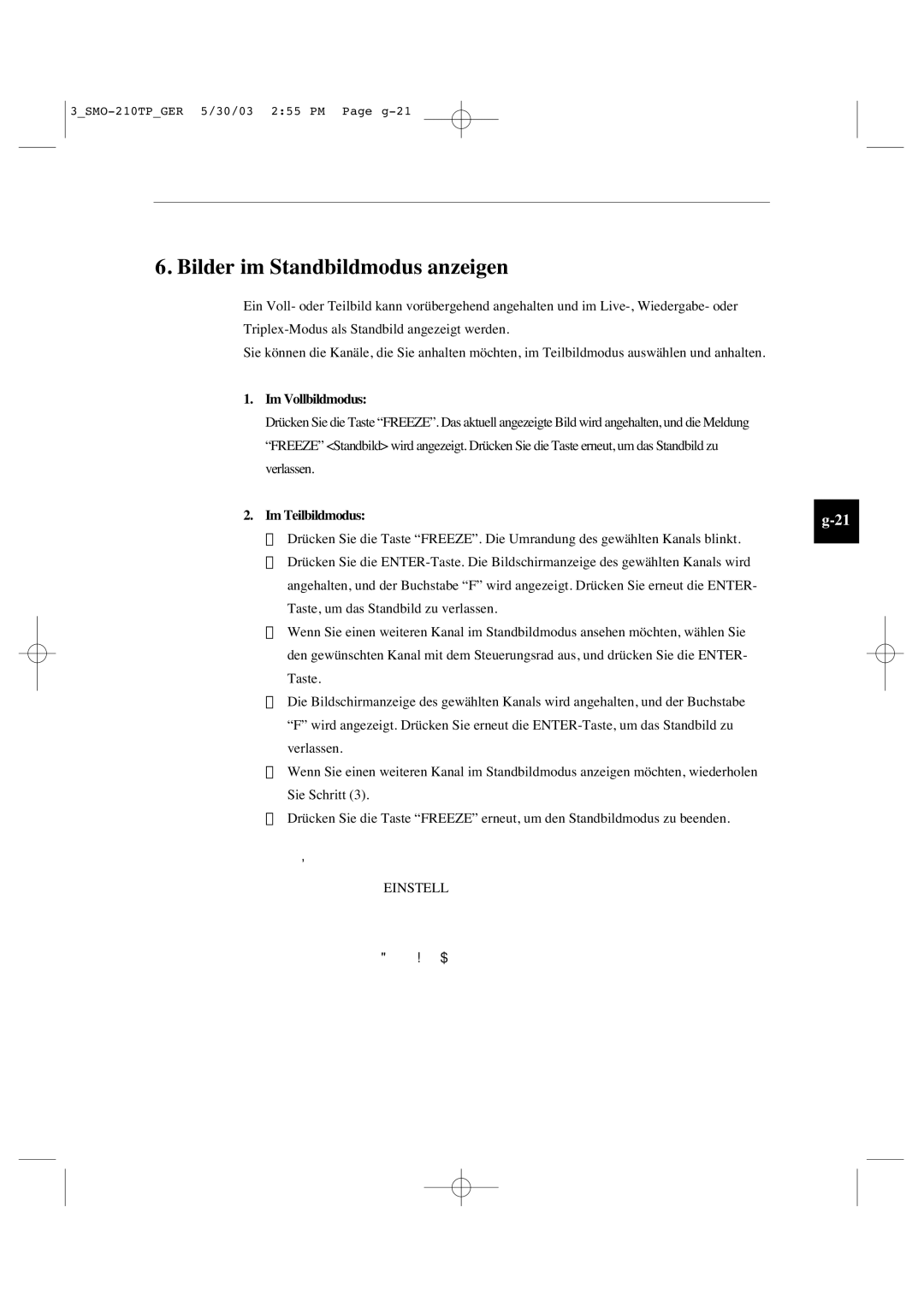 Samsung SMO-210TP manual Bilder im Standbildmodus anzeigen, Im Vollbildmodus, Im Teilbildmodus 