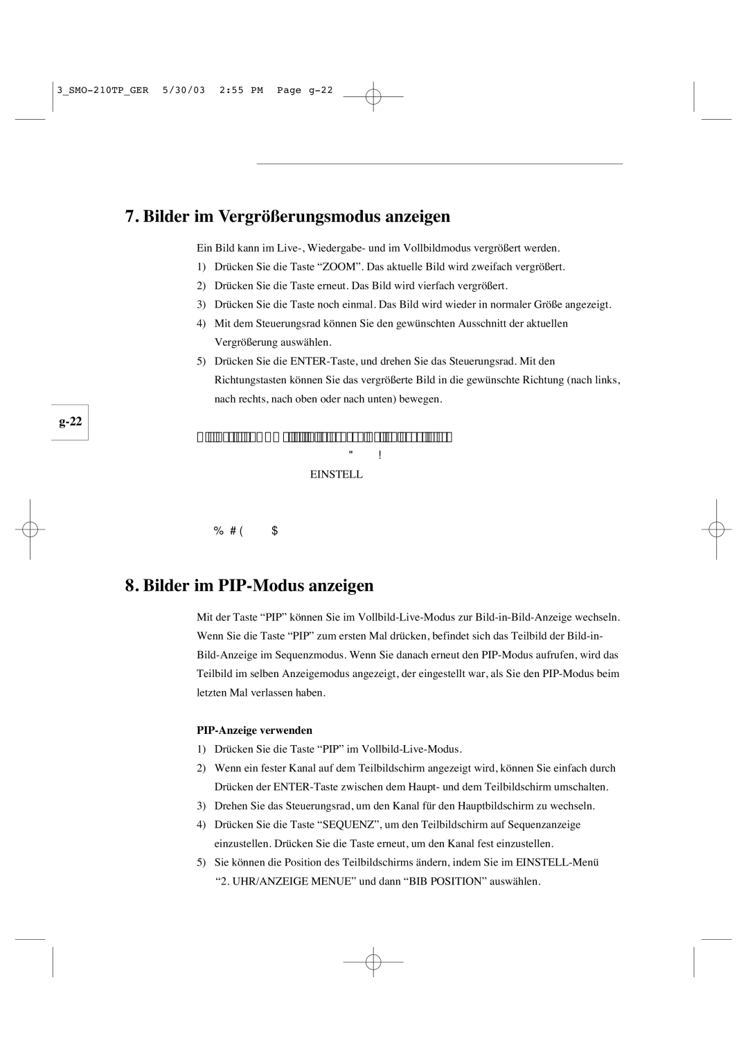 Samsung SMO-210TP manual Bilder im Vergrößerungsmodus anzeigen, Bilder im PIP-Modus anzeigen, PIP-Anzeige verwenden 