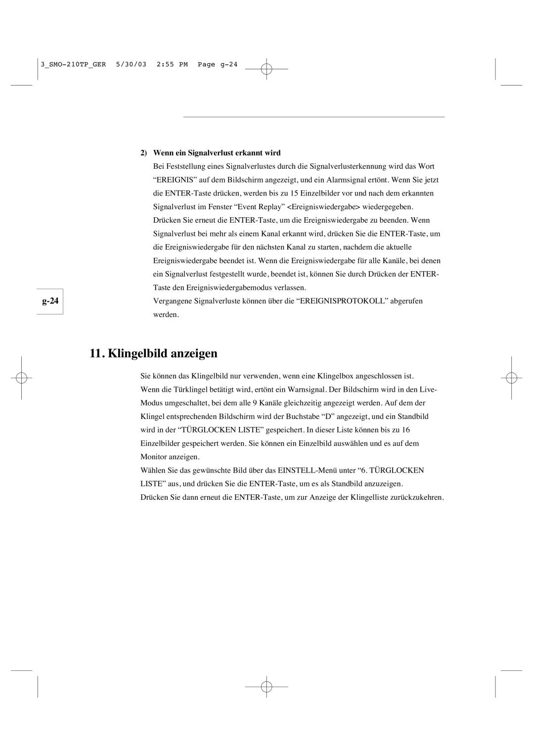 Samsung SMO-210TP manual Klingelbild anzeigen, Wenn ein Signalverlust erkannt wird 