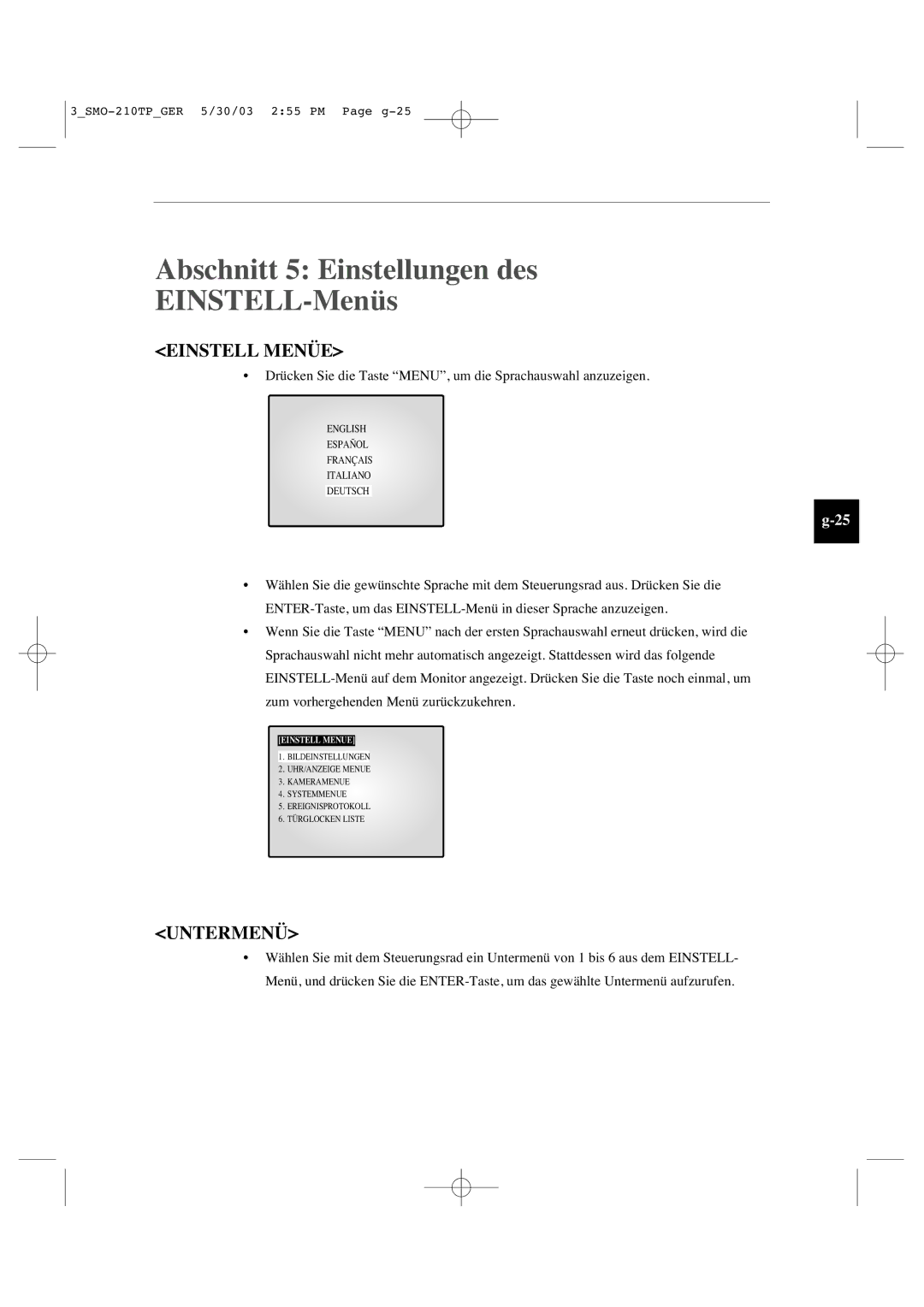 Samsung SMO-210TP manual Abschnitt 5 Einstellungen des EINSTELL-Menüs, Einstell Menüe, Untermenü 