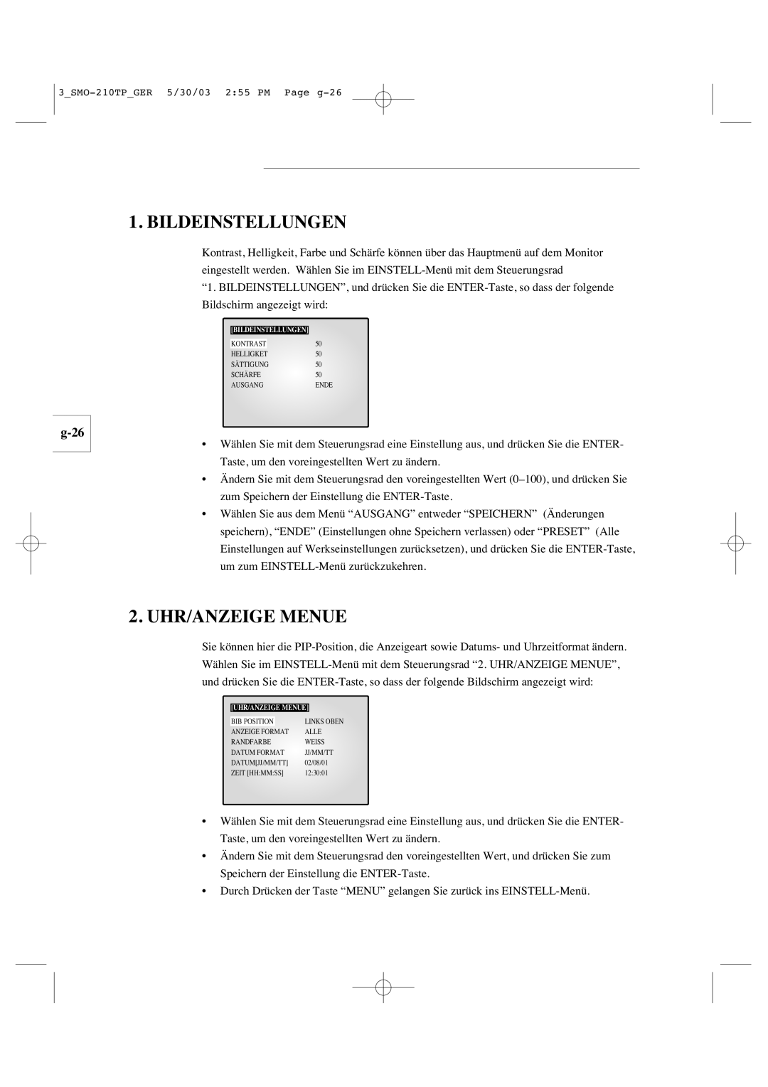 Samsung SMO-210TP manual Bildeinstellungen, UHR/ANZEIGE Menue 