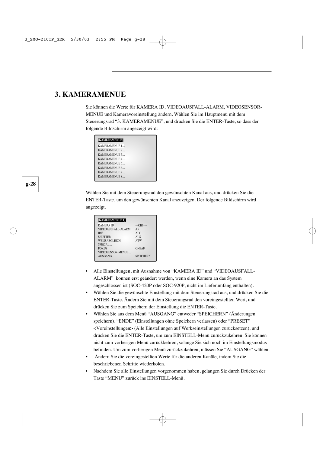 Samsung SMO-210TP manual Kameramenue 