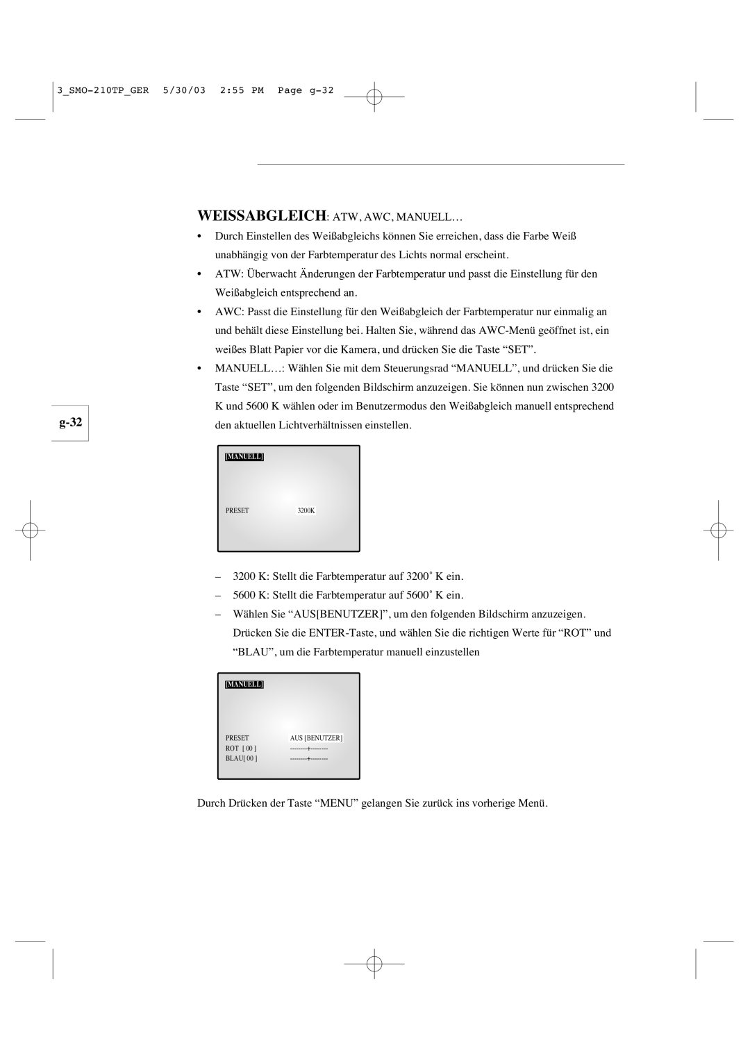 Samsung SMO-210TP manual Weissabgleich ATW, AWC, MANUELL… 