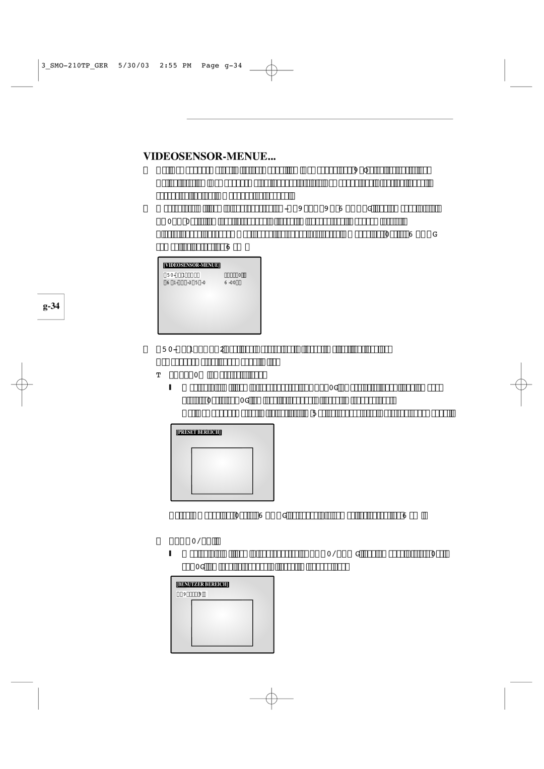 Samsung SMO-210TP manual Videosensor-Menue, Benutzer 