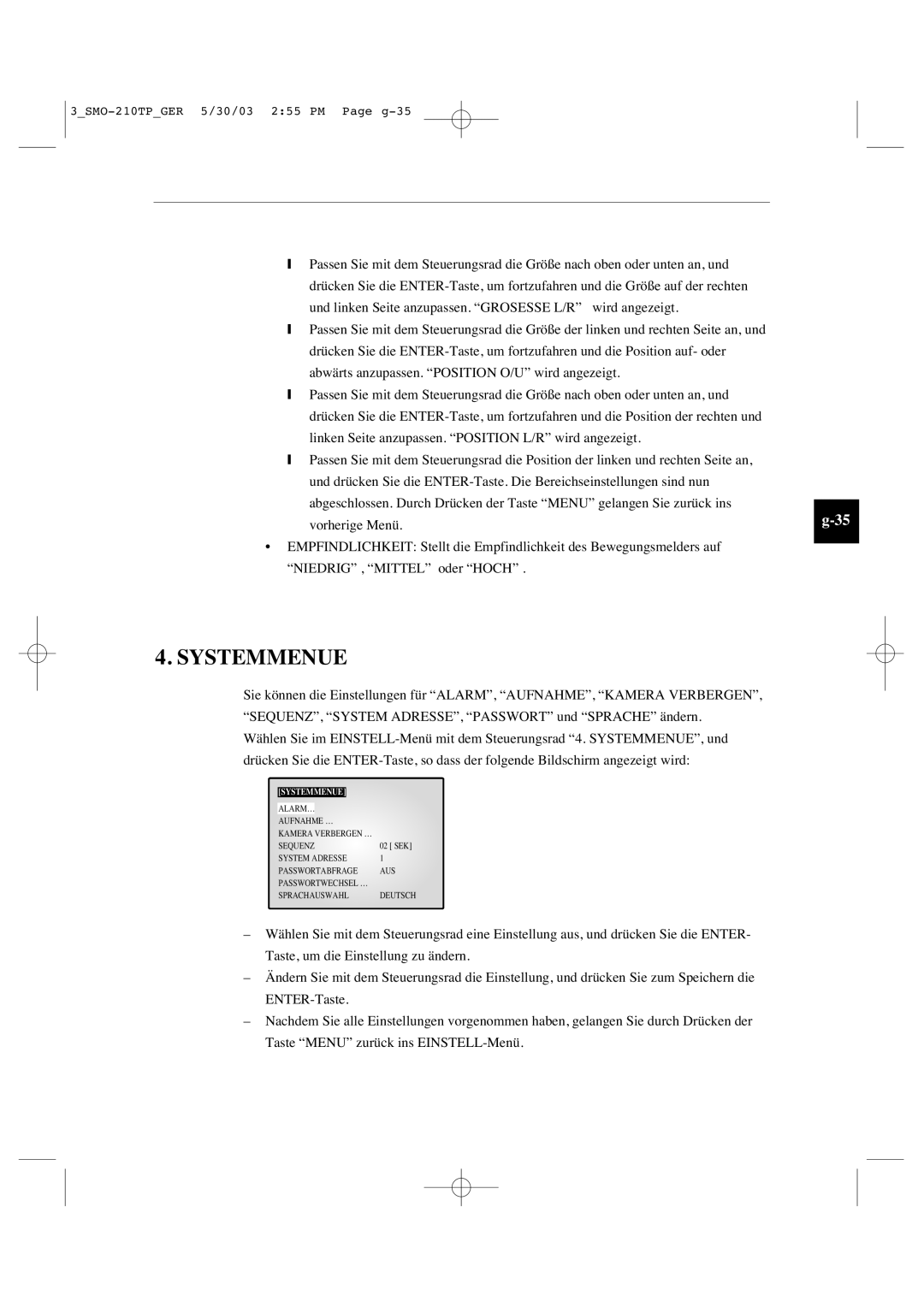 Samsung SMO-210TP manual Systemmenue 