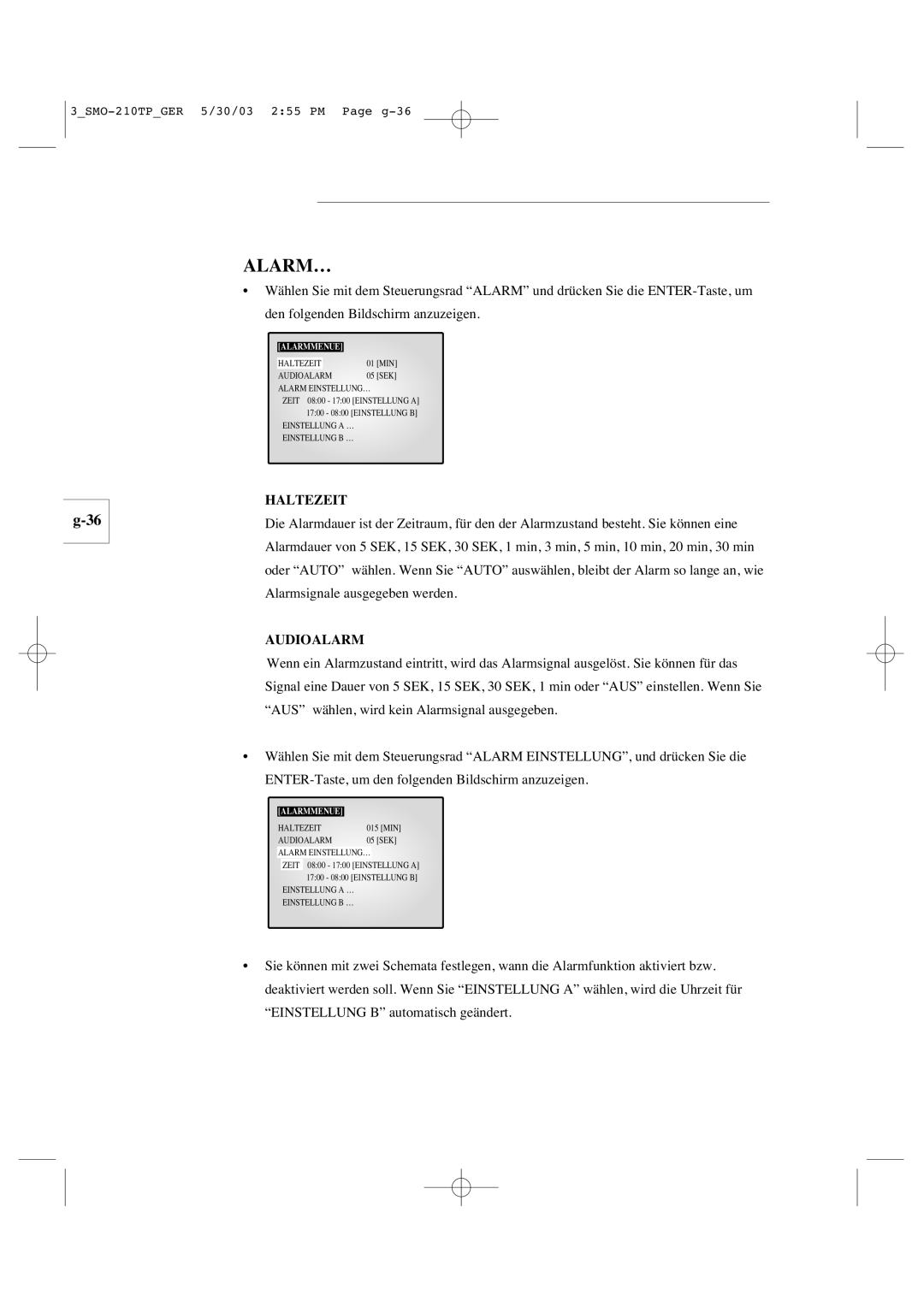 Samsung SMO-210TP manual Alarm…, Haltezeit, Audioalarm 