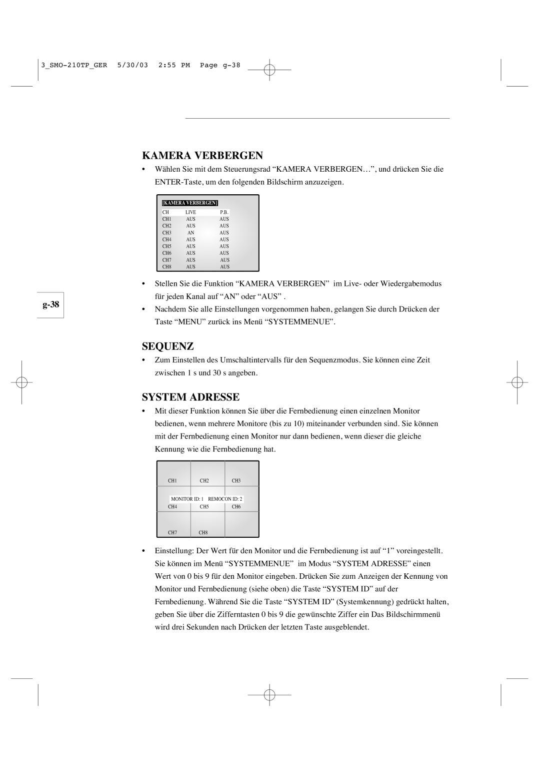 Samsung SMO-210TP manual Kamera Verbergen, Sequenz, System Adresse 