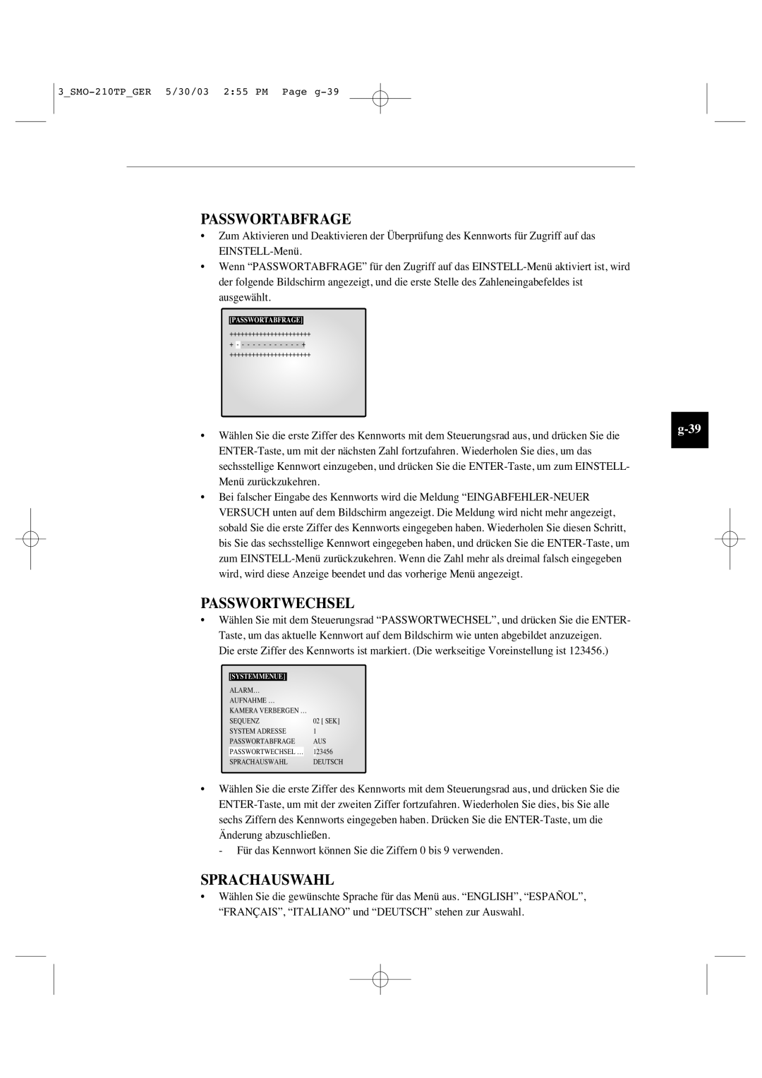 Samsung SMO-210TP manual Passwortabfrage, Passwortwechsel, Sprachauswahl 