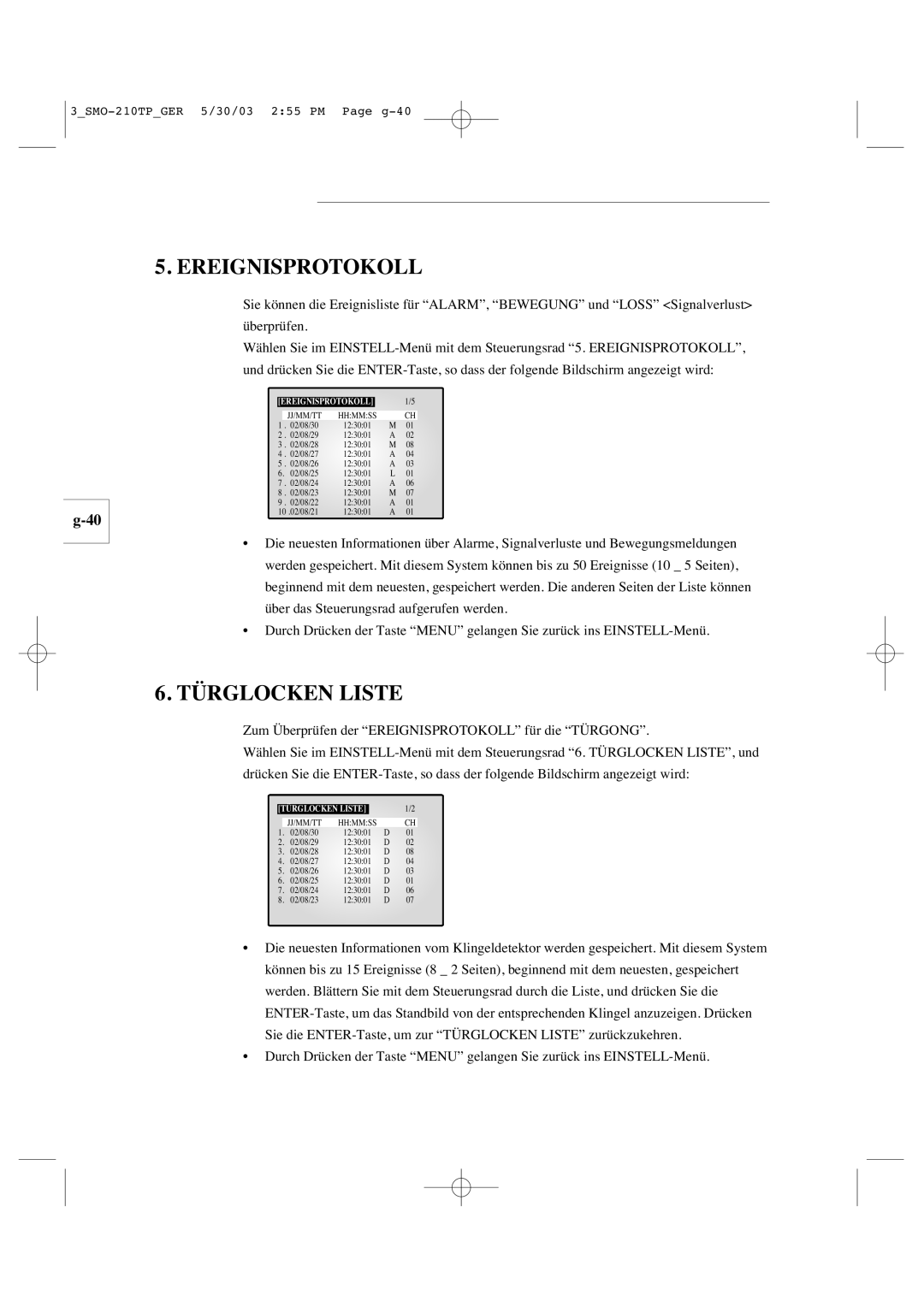 Samsung SMO-210TP manual Ereignisprotokoll, Türglocken Liste 