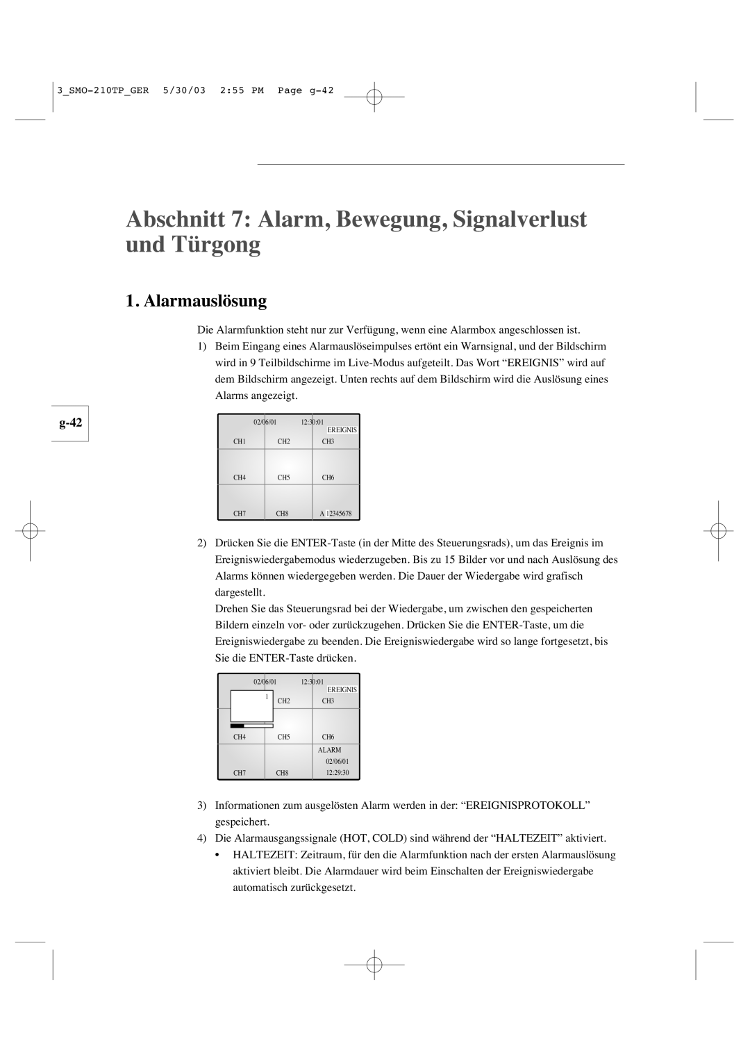 Samsung SMO-210TP manual Abschnitt 7 Alarm, Bewegung, Signalverlust und Türgong, Alarmauslösung 