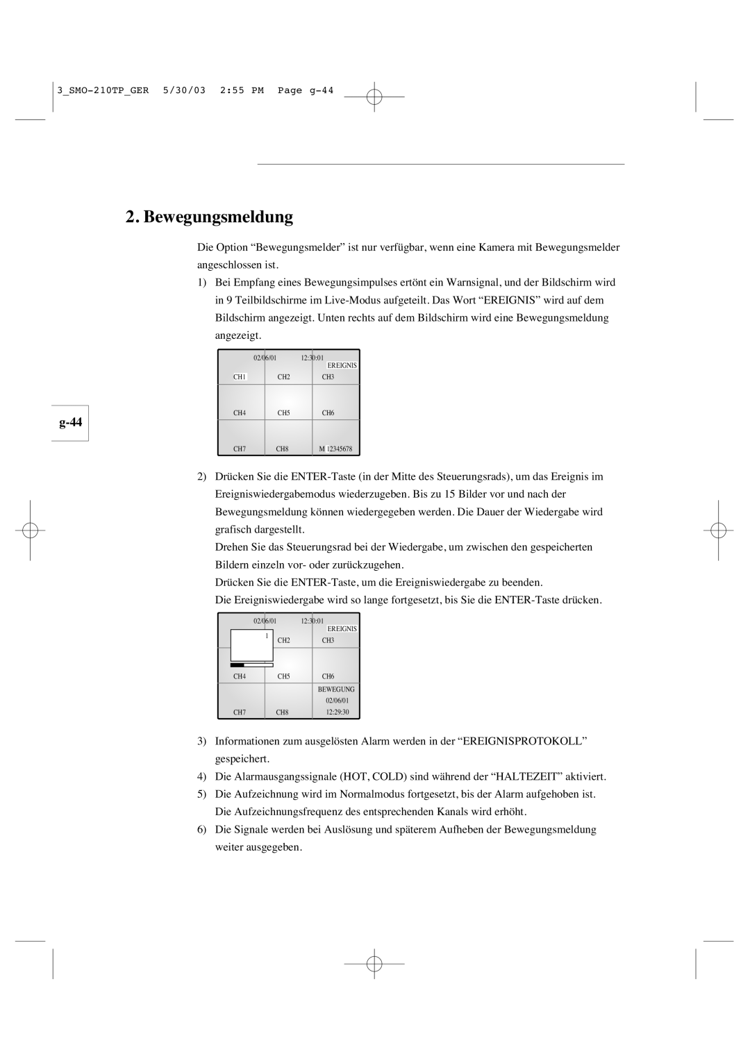 Samsung SMO-210TP manual Bewegungsmeldung 