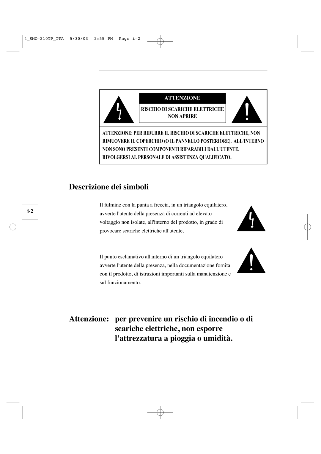 Samsung SMO-210TP manual Descrizione dei simboli 