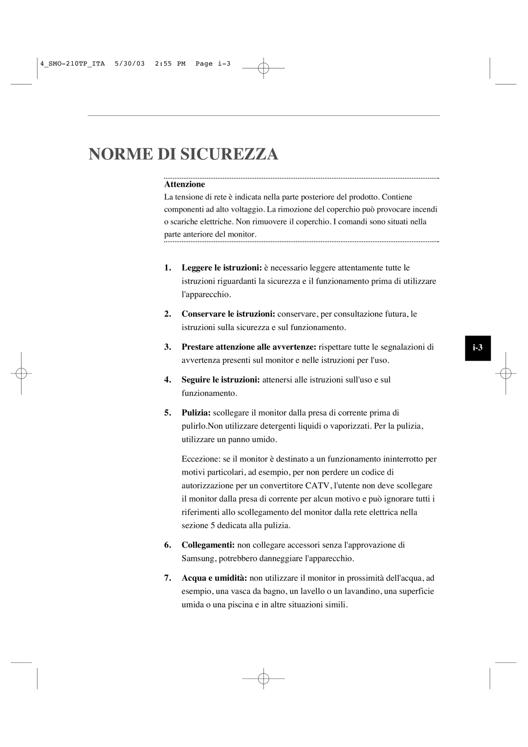 Samsung SMO-210TP manual Norme DI Sicurezza 