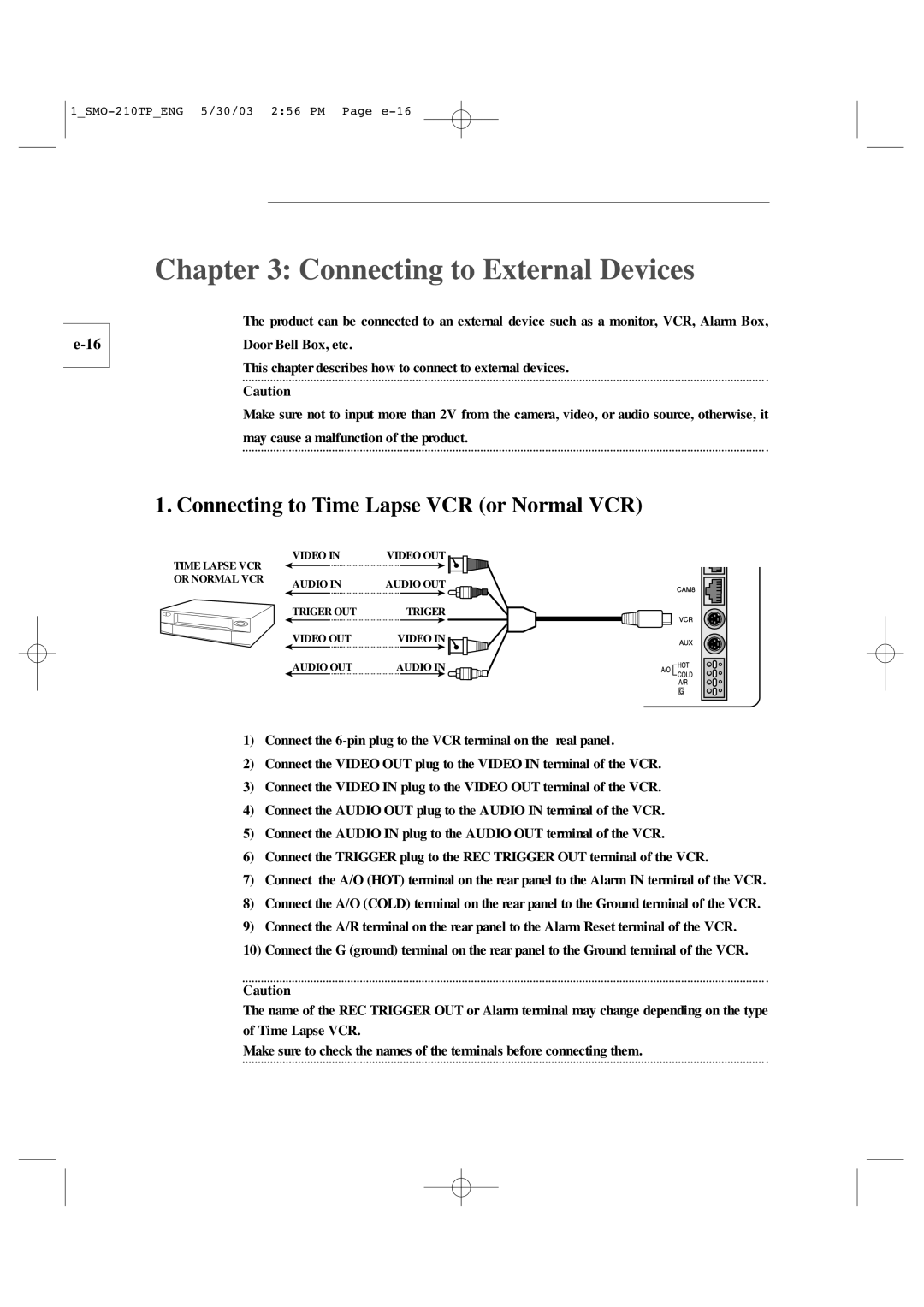 Samsung SMO-210TP manual Connecting to External Devices, Connecting to Time Lapse VCR or Normal VCR 