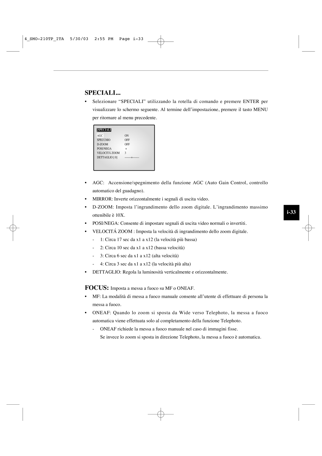 Samsung SMO-210TP manual Speciali 