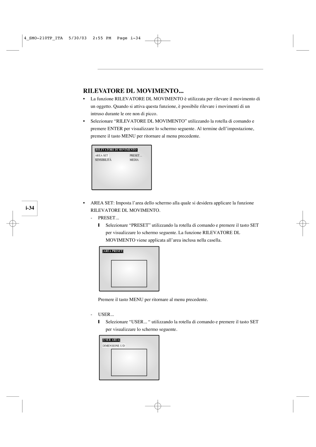 Samsung SMO-210TP manual Rilevatore DL Movimento Preset 