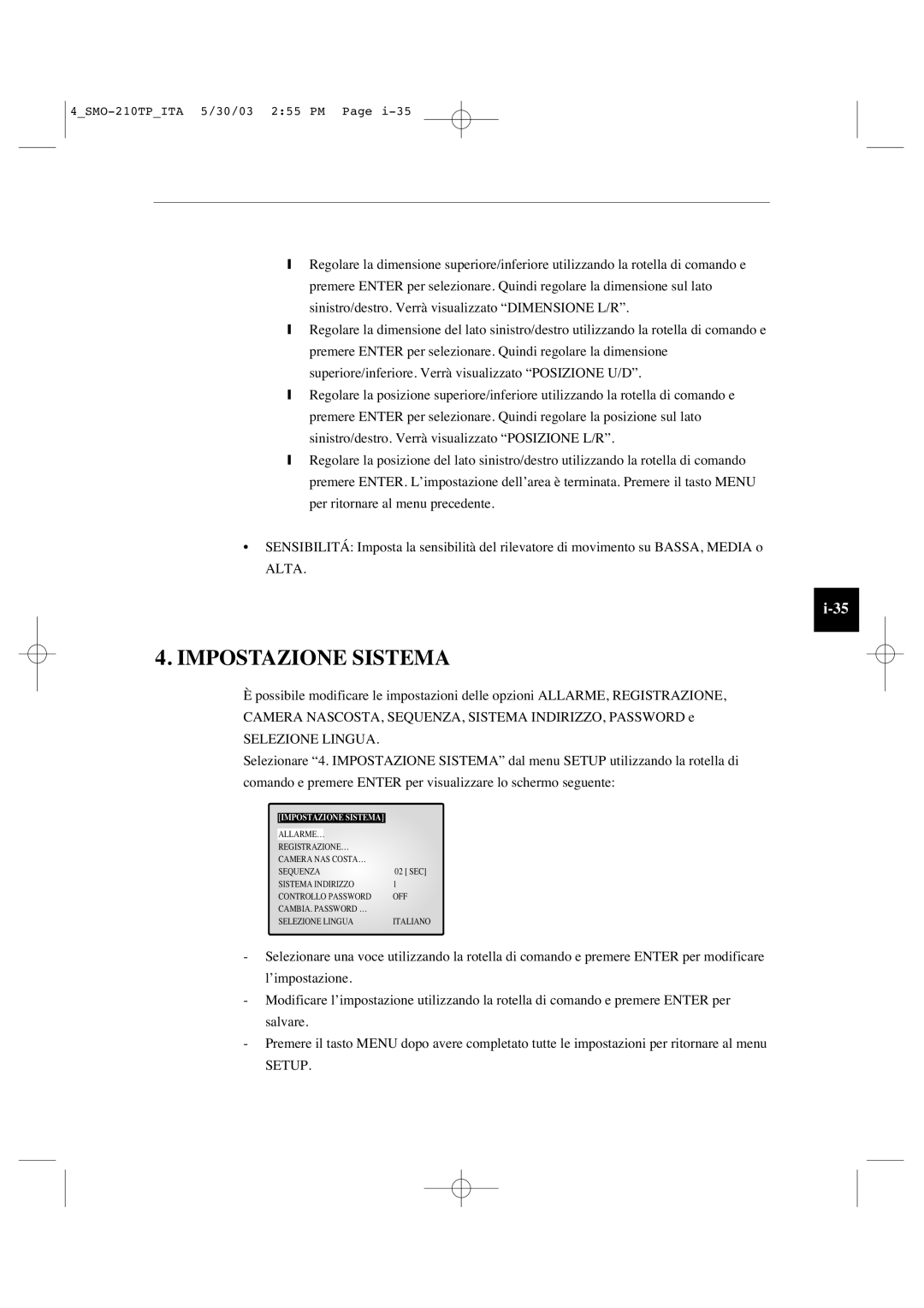 Samsung SMO-210TP manual Impostazione Sistema, Selezione Lingua 