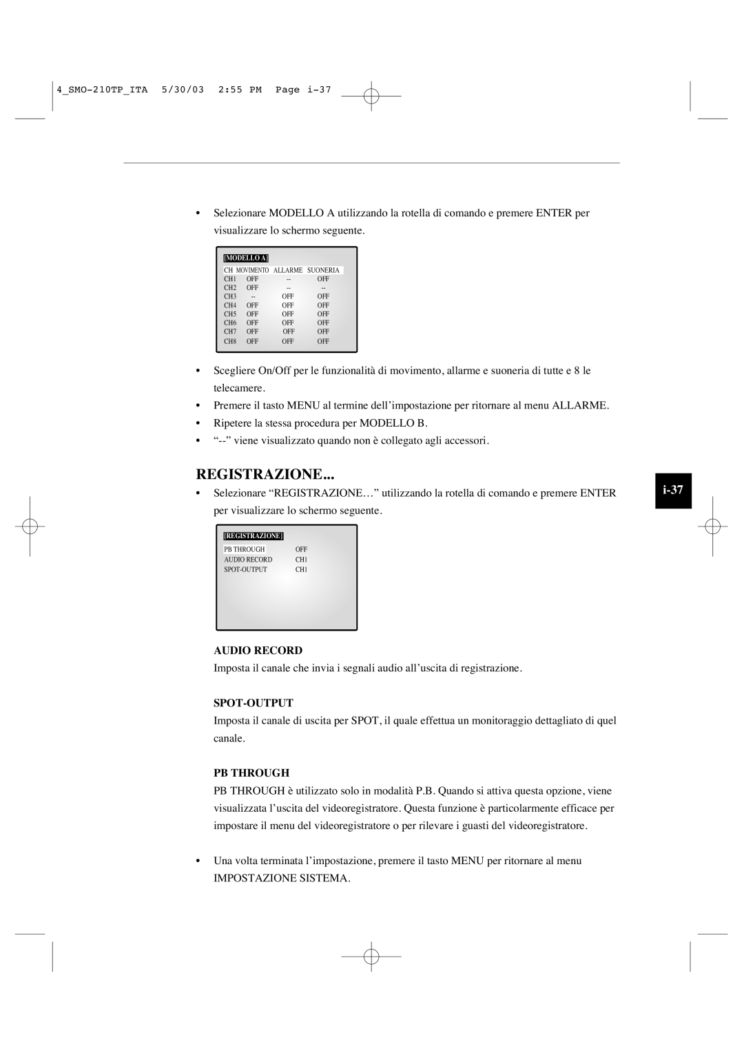 Samsung SMO-210TP manual Registrazione, Audio Record 