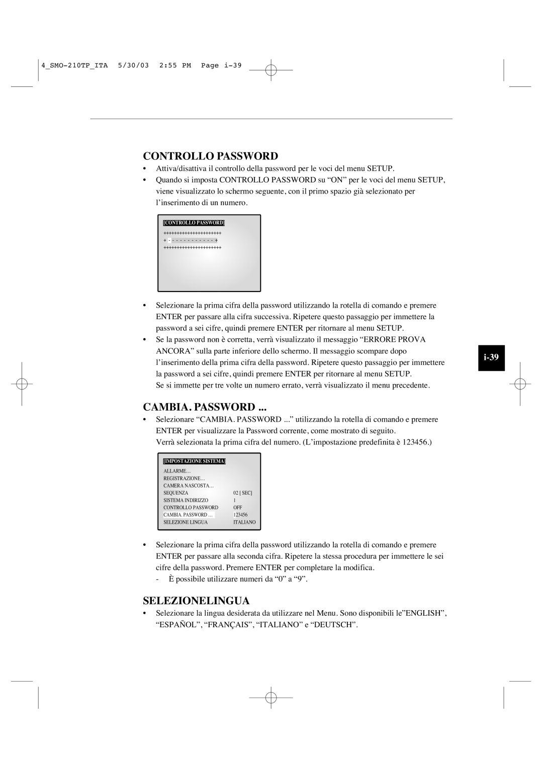 Samsung SMO-210TP manual Controllo Password, CAMBIA. Password, Selezionelingua 