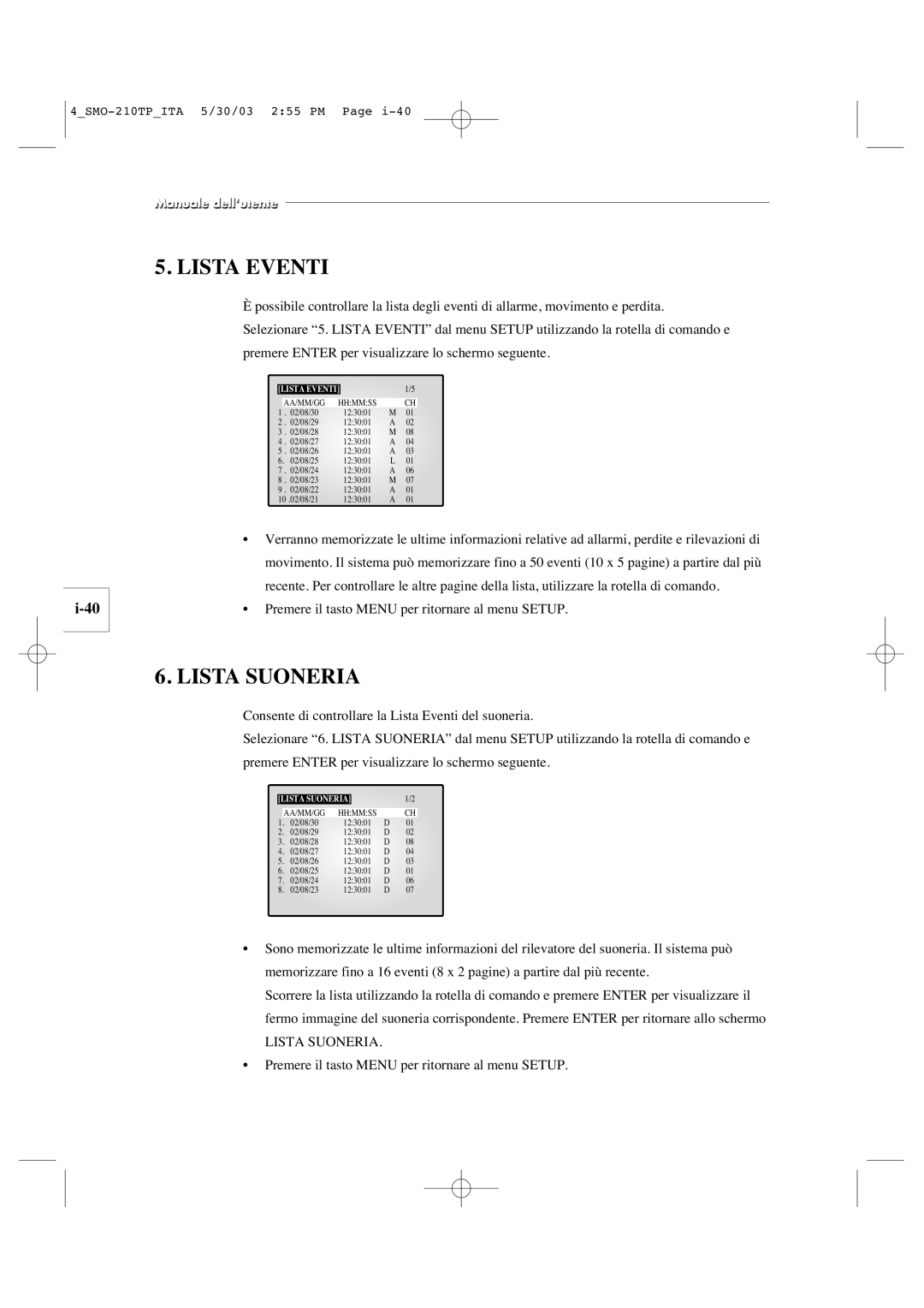 Samsung SMO-210TP manual Lista Eventi, Lista Suoneria 