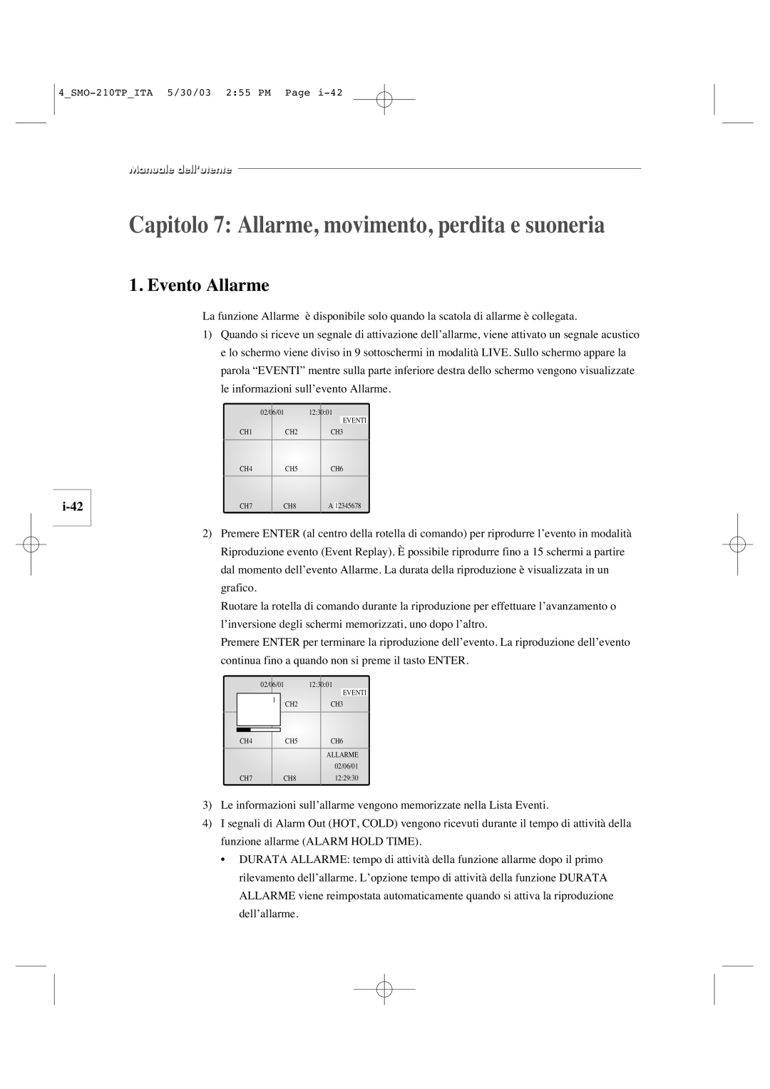 Samsung SMO-210TP manual Capitolo 7 Allarme, movimento, perdita e suoneria, Evento Allarme 