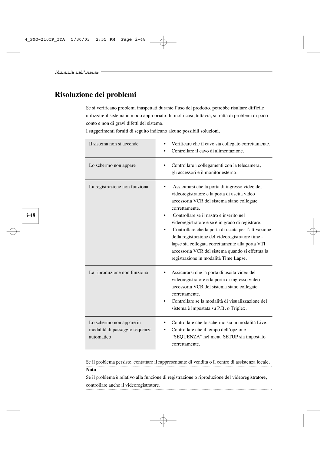 Samsung SMO-210TP manual Risoluzione dei problemi, Nota 