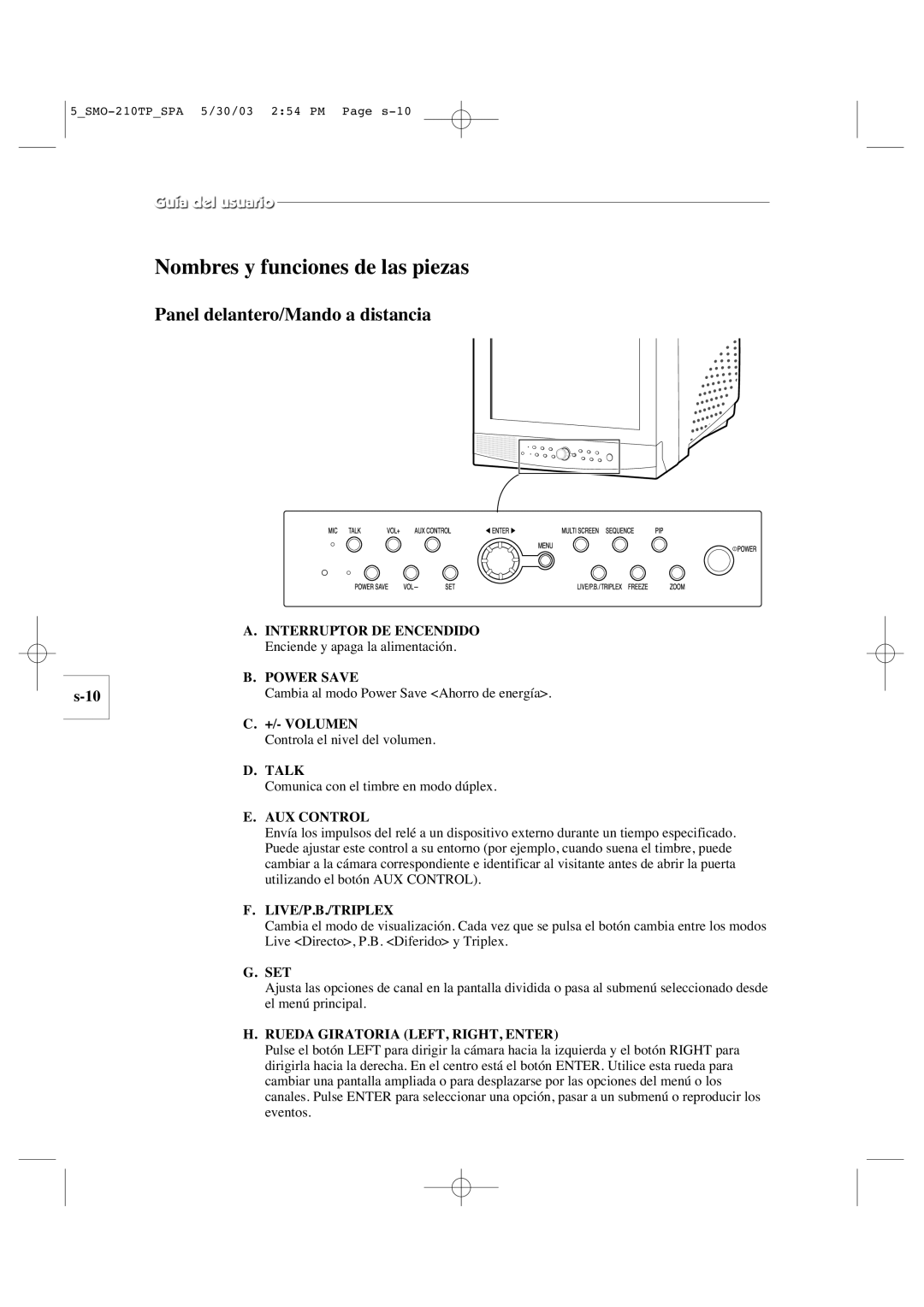 Samsung SMO-210TP manual Nombres y funciones de las piezas, Interruptor DE Encendido Enciende y apaga la alimentación 