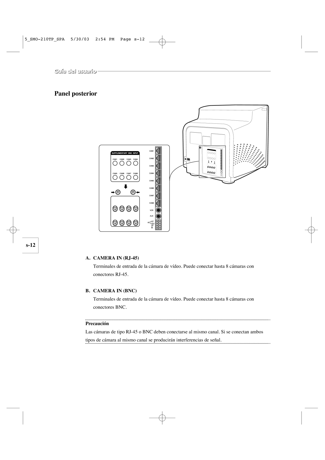 Samsung SMO-210TP manual Panel posterior, Precaución 